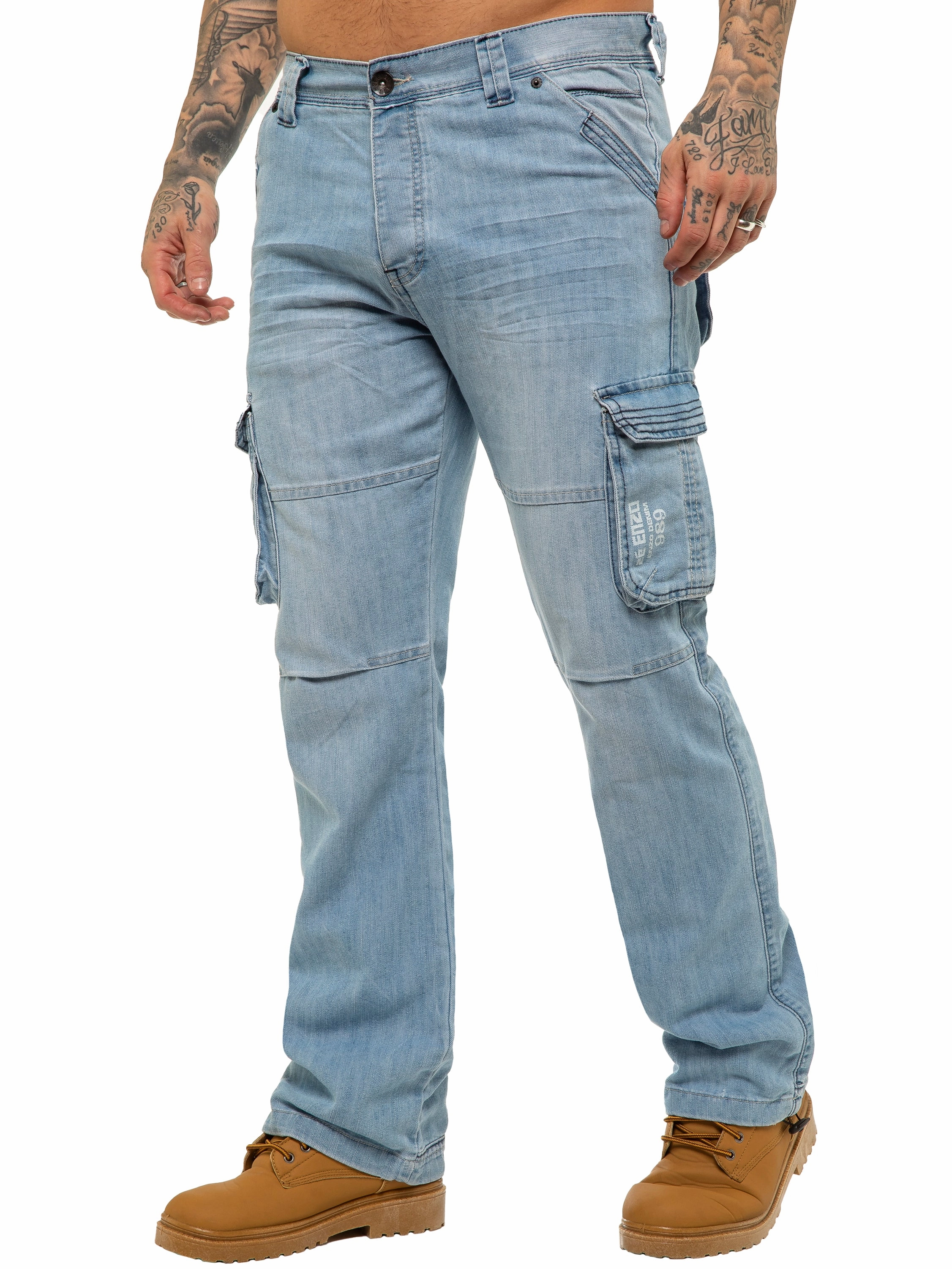 Street Fashion Breathable Mens Light Blue Combat Denim Jeans Mid Stonewash | Enzo Designer Menswear