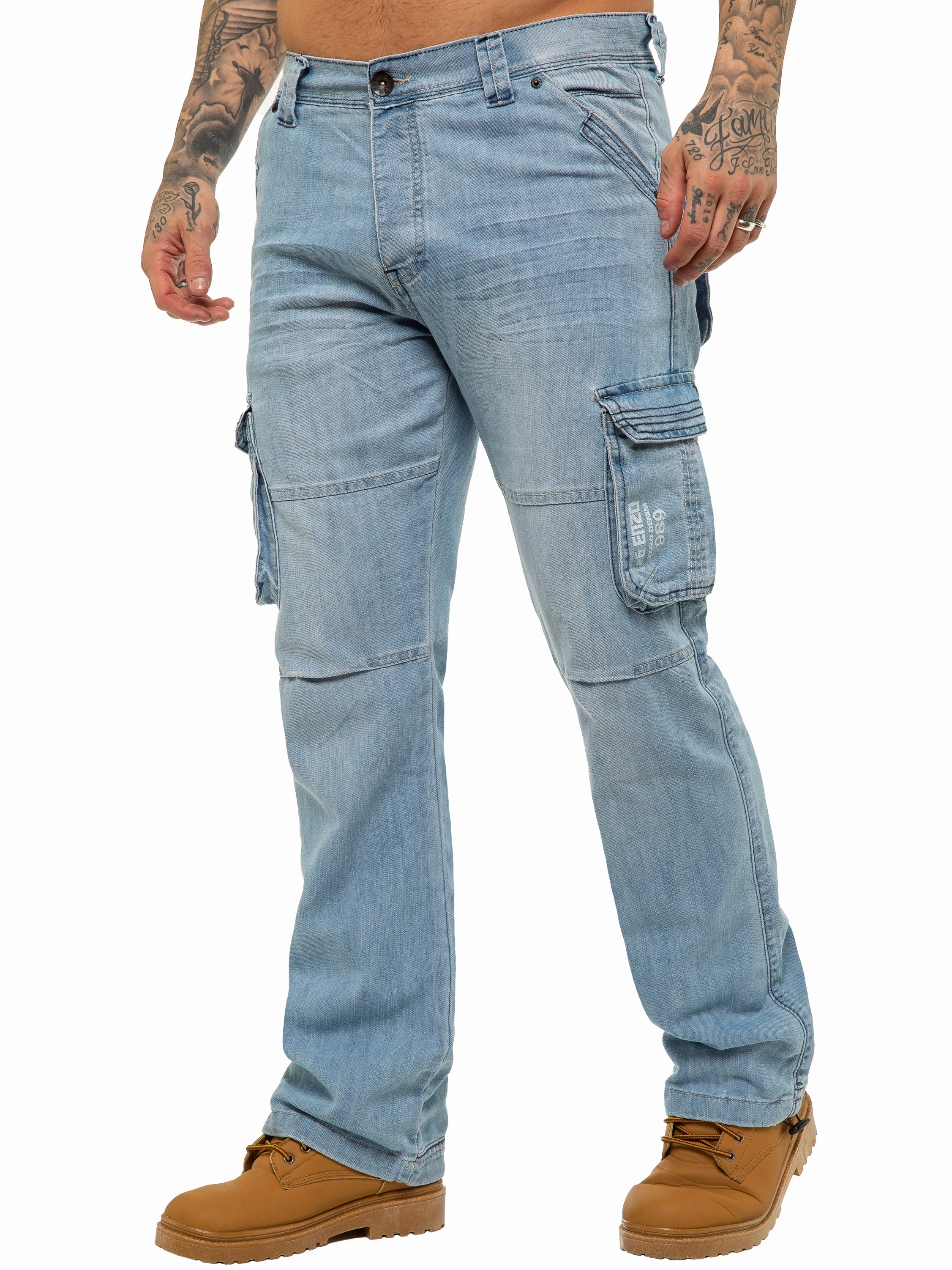 Mens Light Blue Combat Denim Jeans Mid Stonewash | Enzo Designer Menswear Brunch Outfit Casual Laser Cut Edges