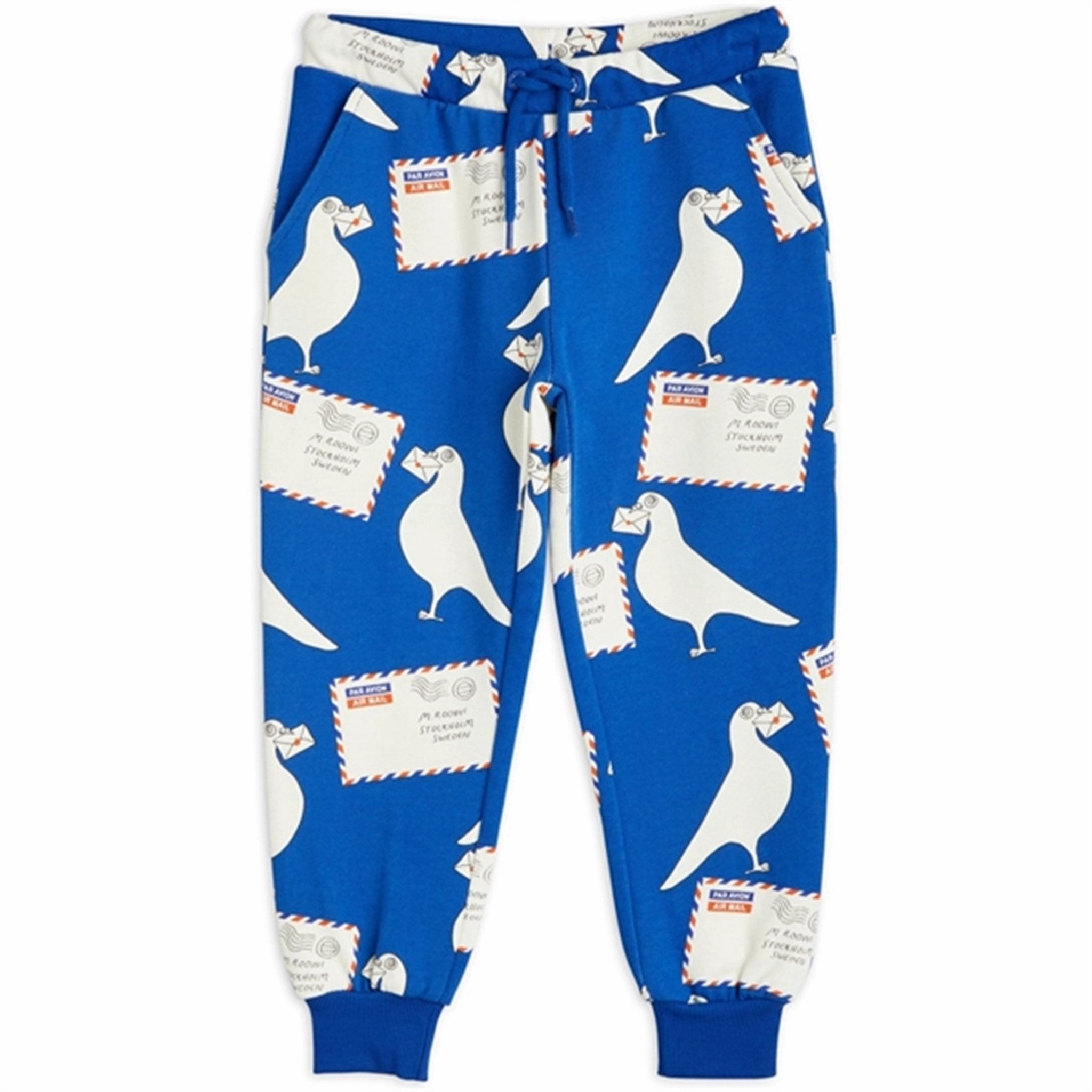 Mini Rodini Pigeons Aop Sweatpants Blue ElasticWaistbandTech NonBinding Waist