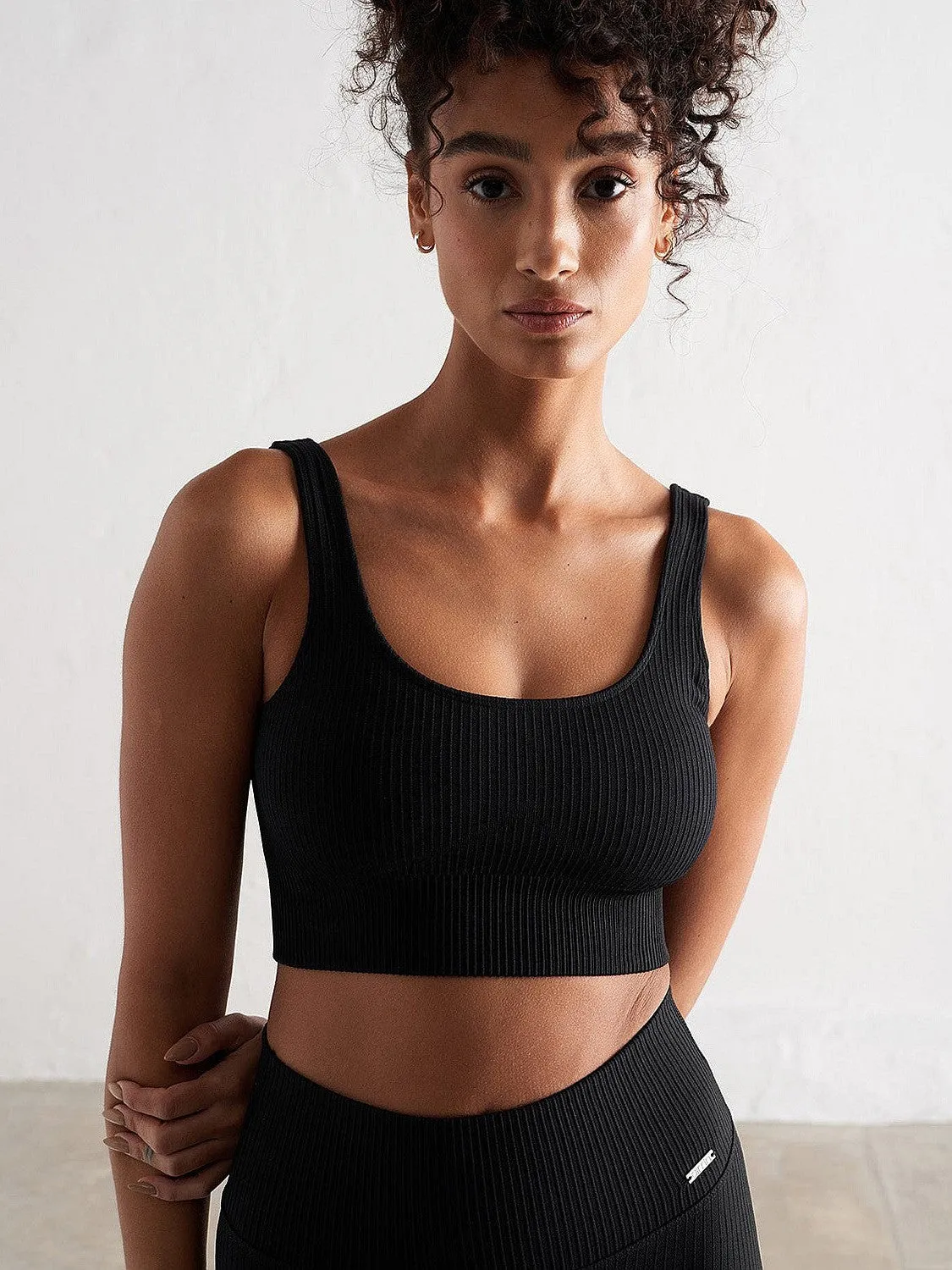 Black Ribbed Seamless Bra Embroidered