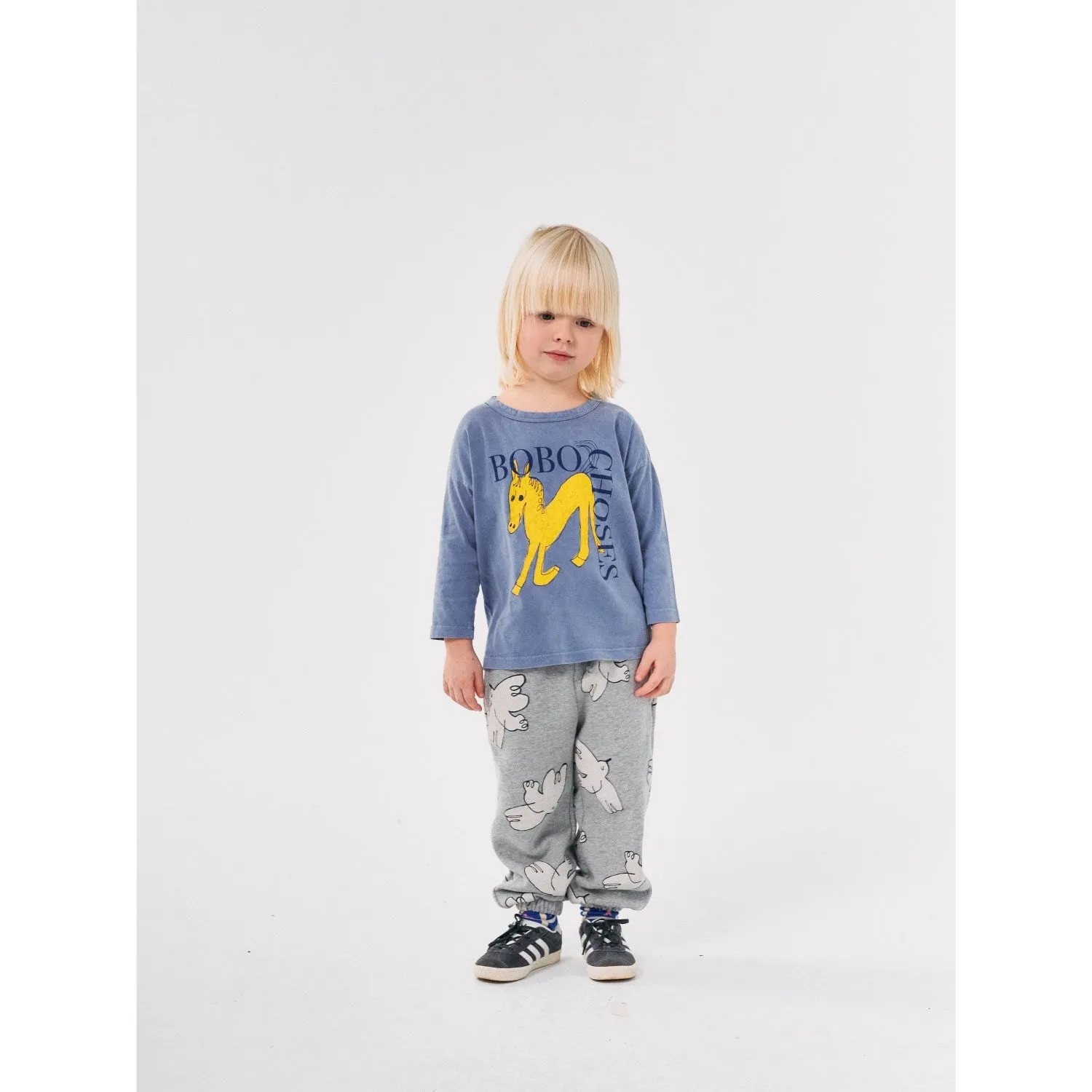 Bobo Choses Light Heather Grey Freedom Bird All Over JAndging Pants Minimalist Seamless Cut