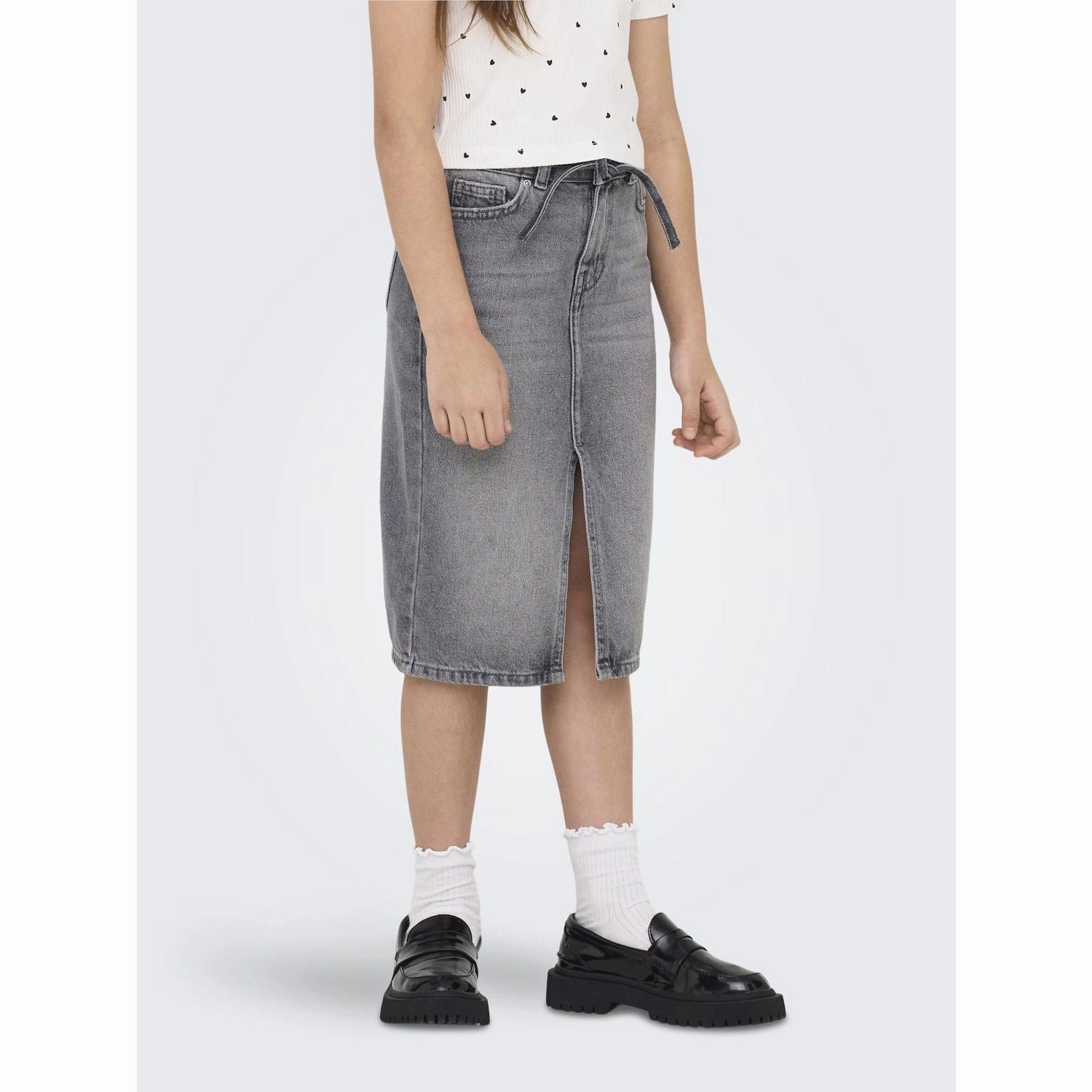Everyday Line Cozy Feel kids ONLY Medium Grey Denim Gianna Belted Midi Skirt Dot Denim