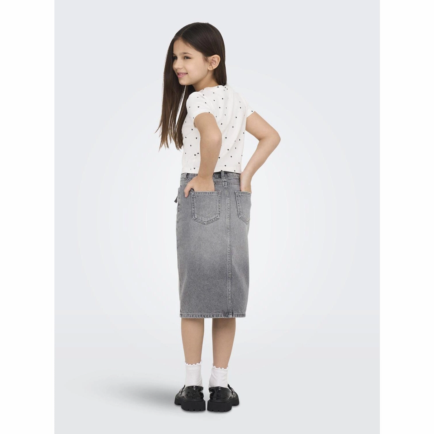 Limited Release Feminine Charm kids ONLY Medium Grey Denim Gianna Belted Midi Skirt Dot Denim
