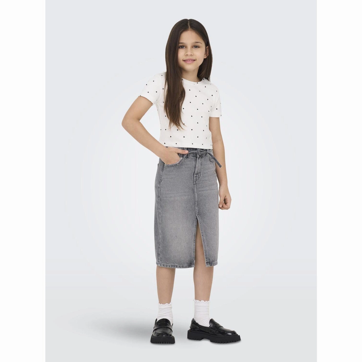 kids ONLY Medium Grey Denim Gianna Belted Midi Skirt Dot Denim Hypoallergenic fabric