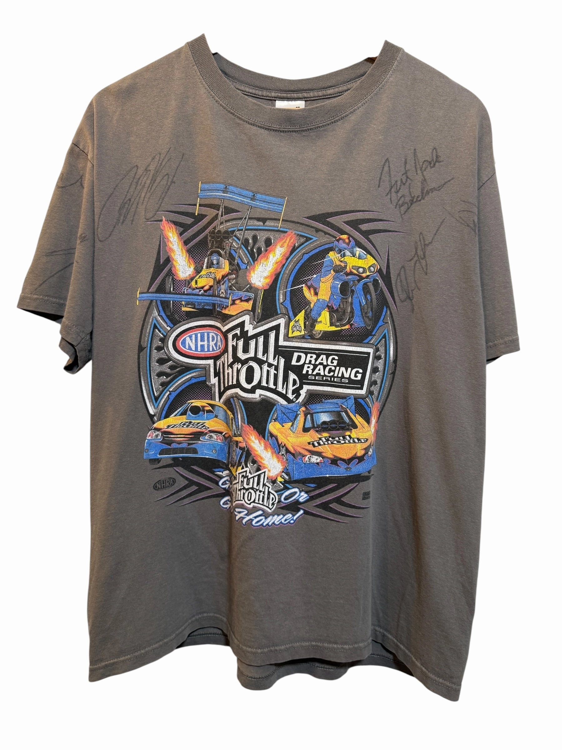 Vintage Wash Scoop neck NHRA Full Throttle Grey Signed T Shirt (Size L)