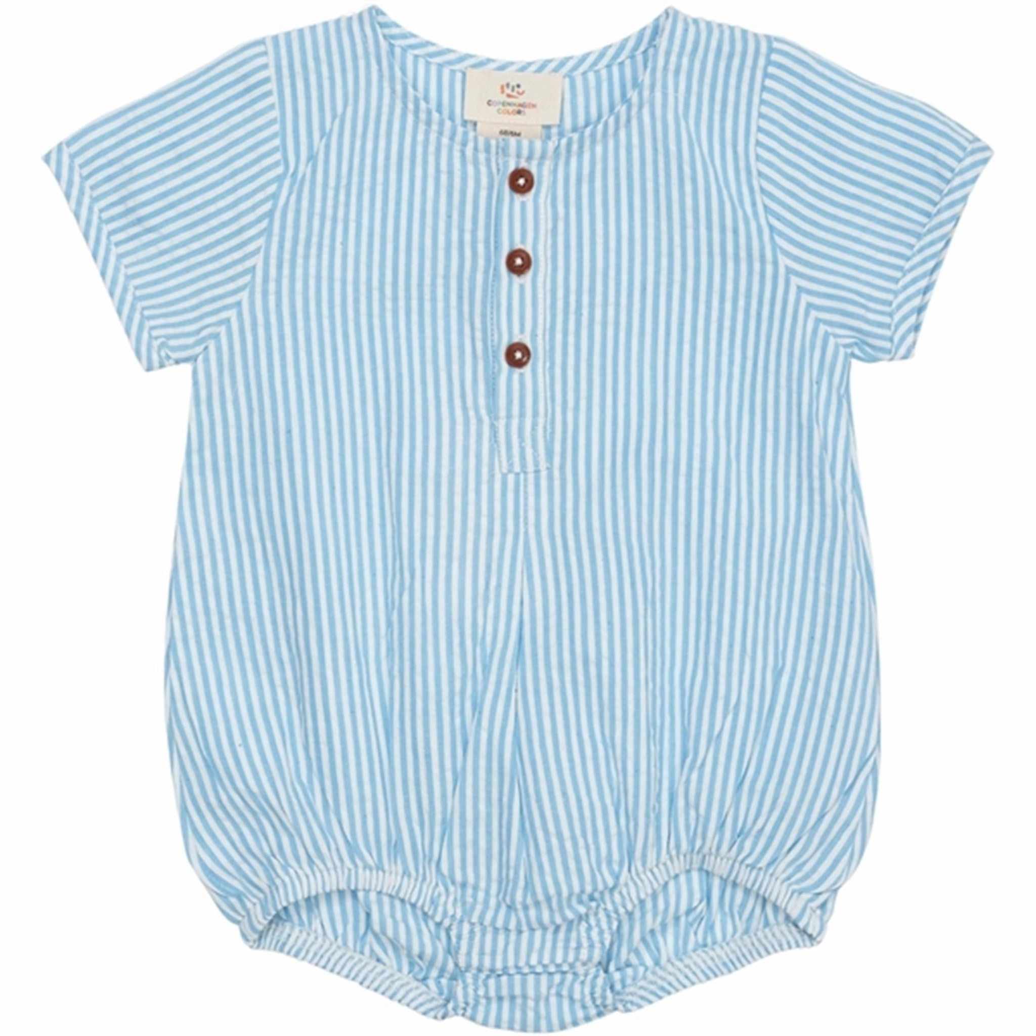 Dynamic Casual Active Luxury Copenhagen Colors Sky Blue W Cream Stripe Seersucker Romper m. sleeves