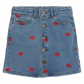 The New Medium blue Lips Denim Skirt Adjustable Closure