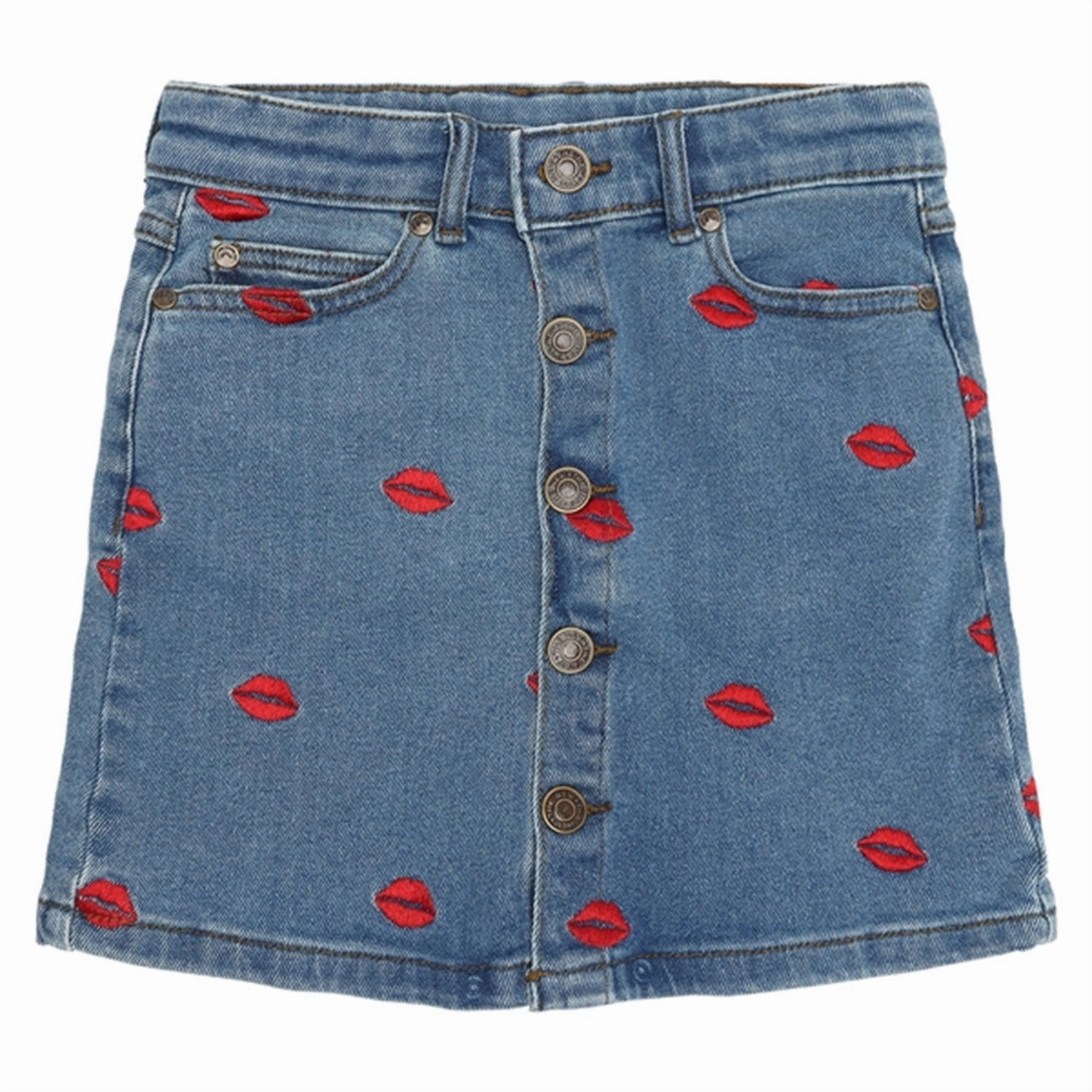 The New Medium blue Lips Denim Skirt Adjustable Closure