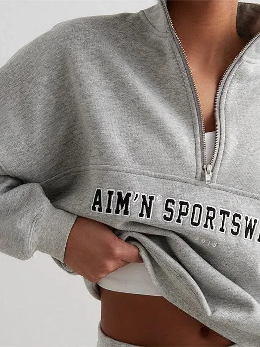 Fashion Night College Wear Grey Melang?? Varsity Sweat Half Zip