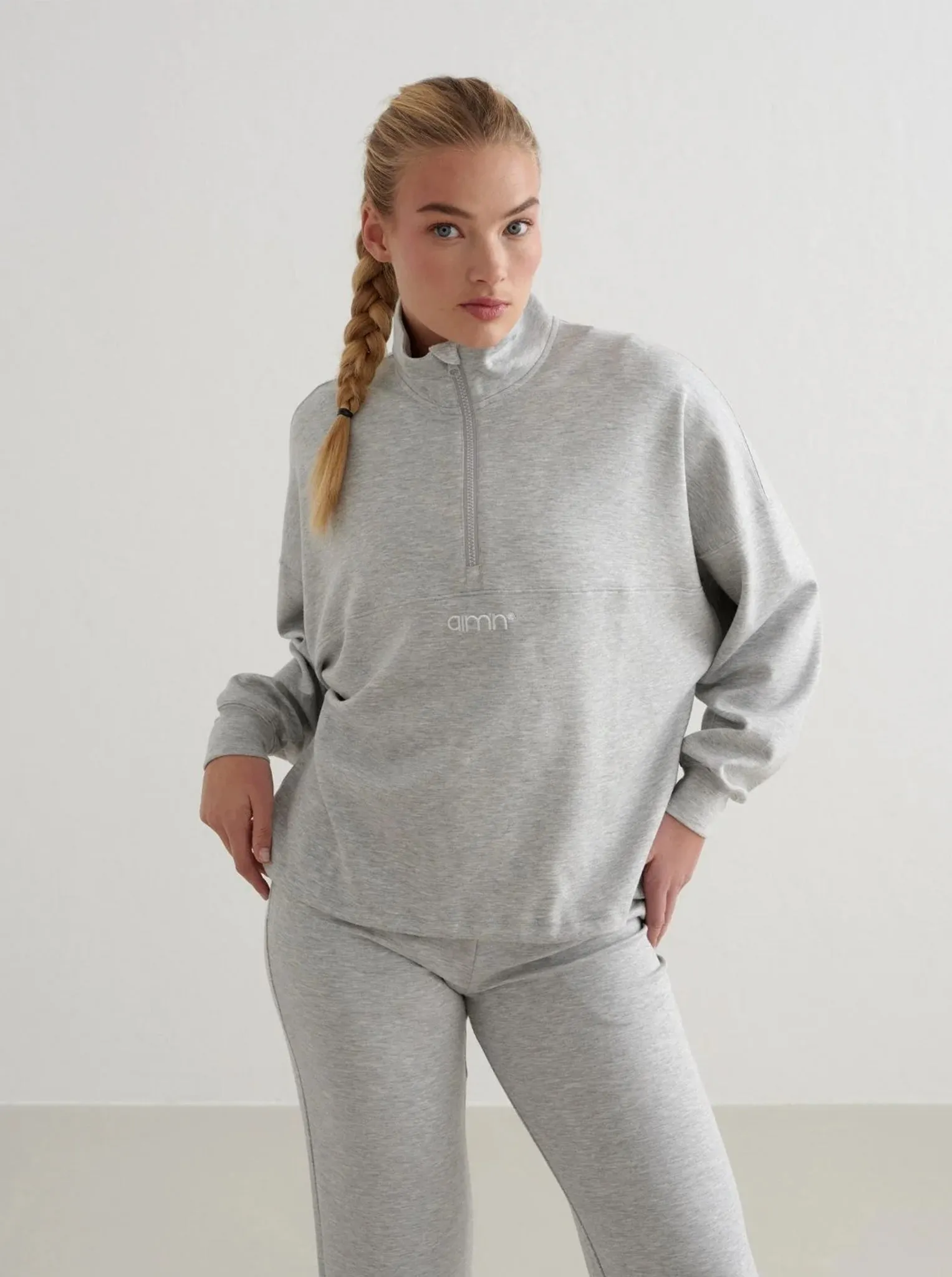 Coastal Style Removable Hood Light Grey Melange Comfy Modal Half Zip