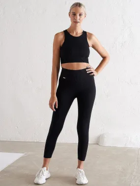 Tall Fit Airport Travel Non See Beginner Level Black Ribbed 7/8 Seamless Tights