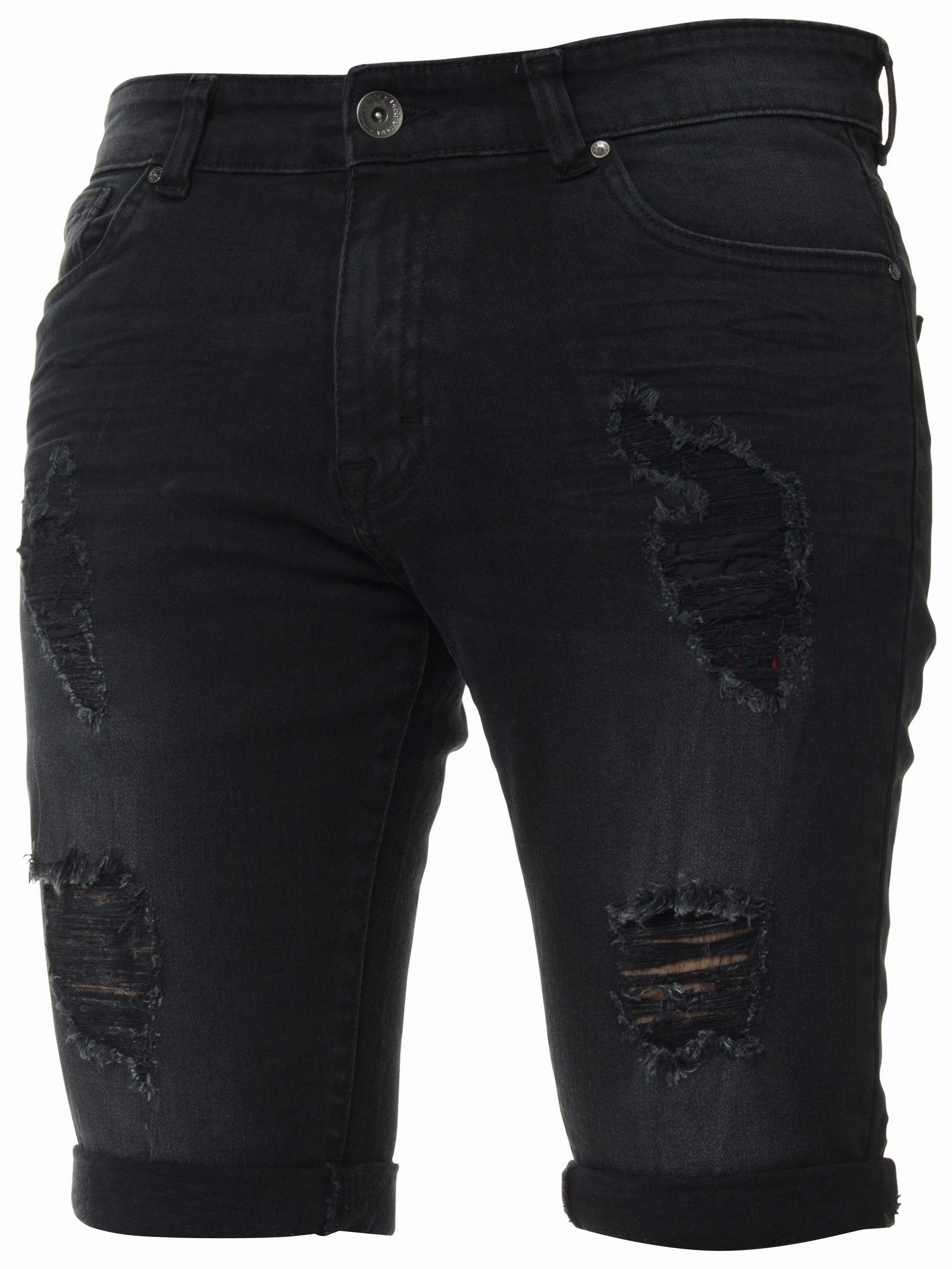 Mens Denim Skinny Fit Distressed Shorts | Enzo Designer Menswear Quick Release Fastener