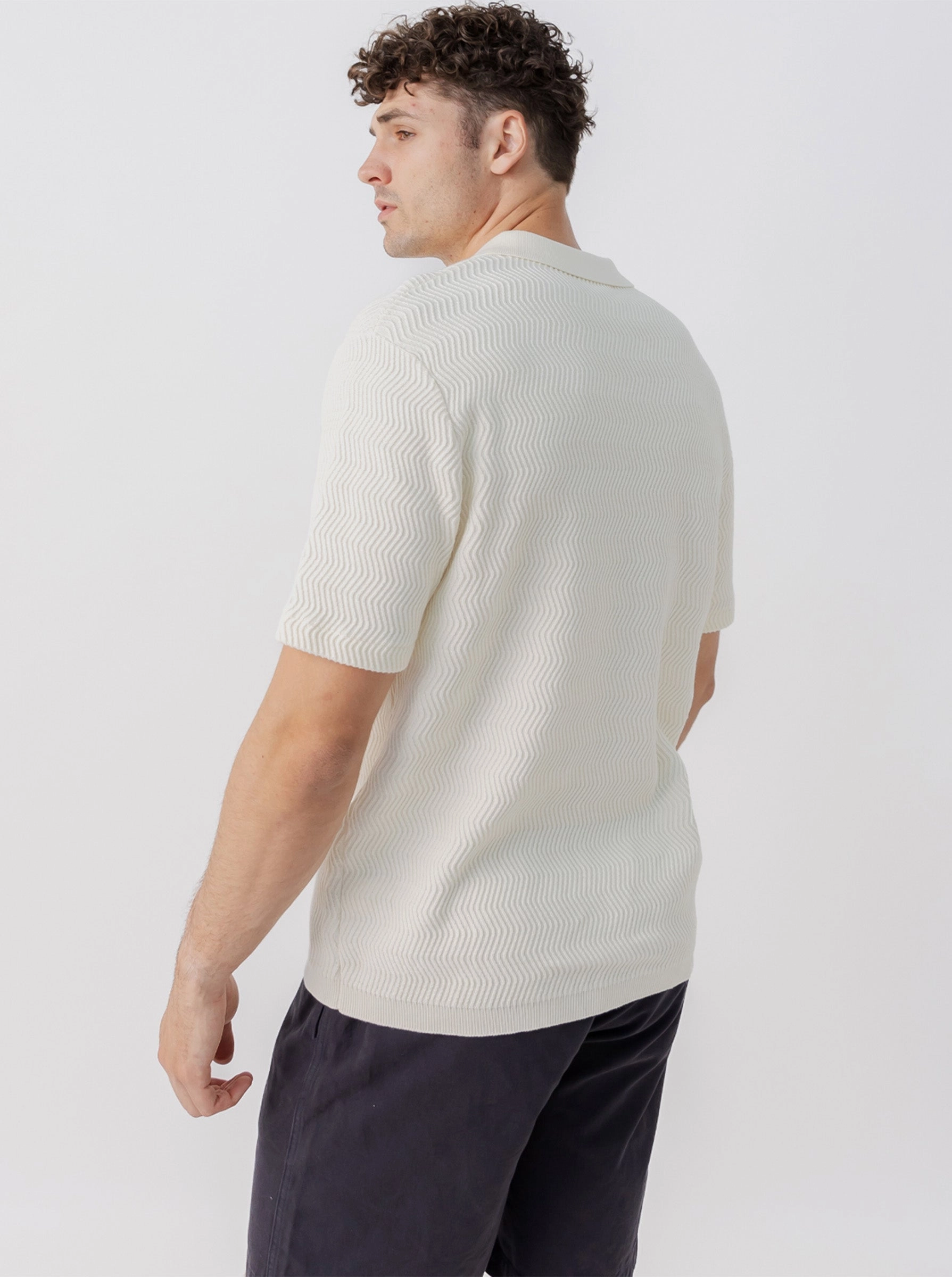 Textured Knit Polo in Cream Clubhouse Ready