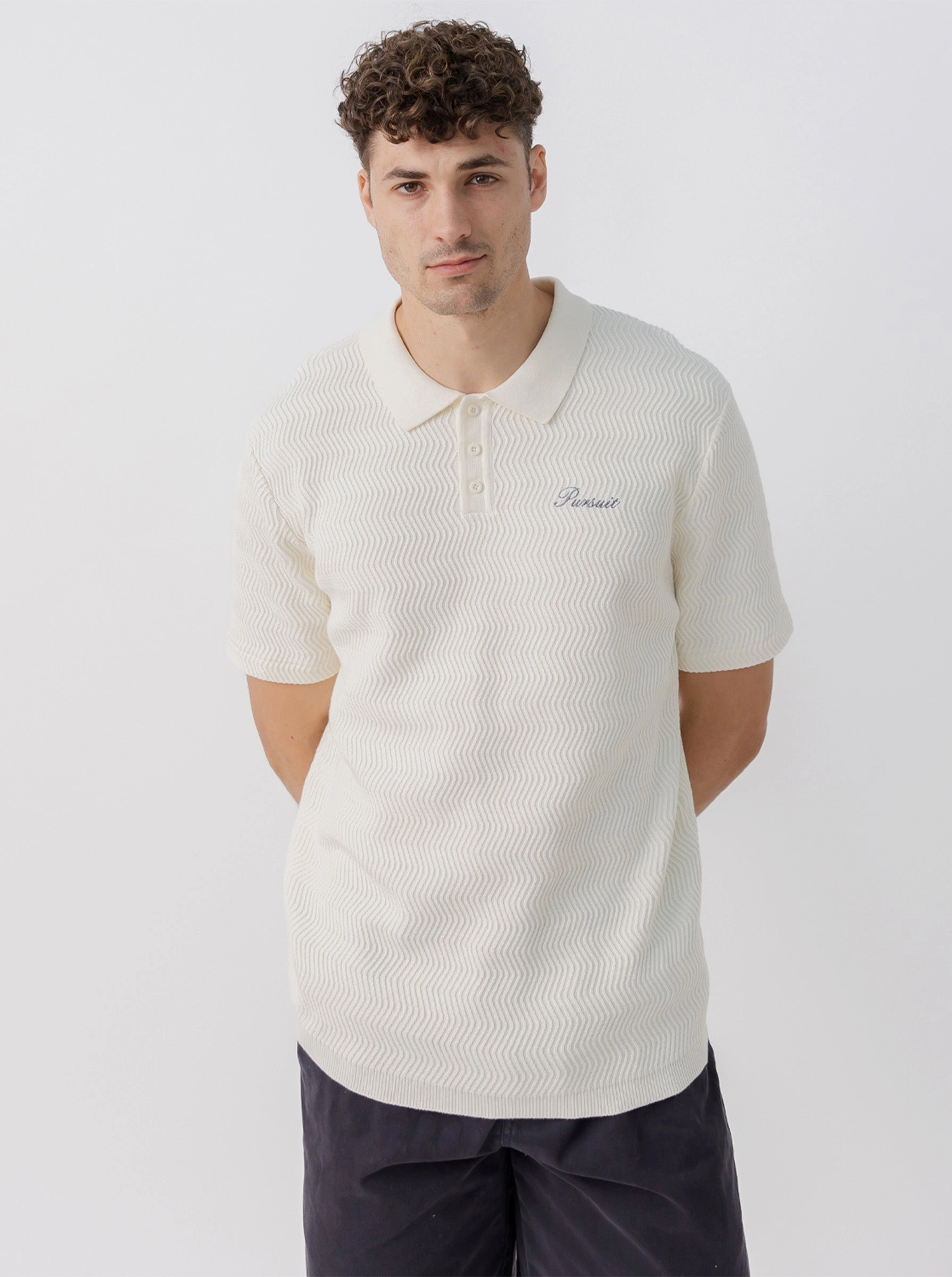 Textured Knit Polo in Cream NonRestrictive Cut Tapered Armhole Design