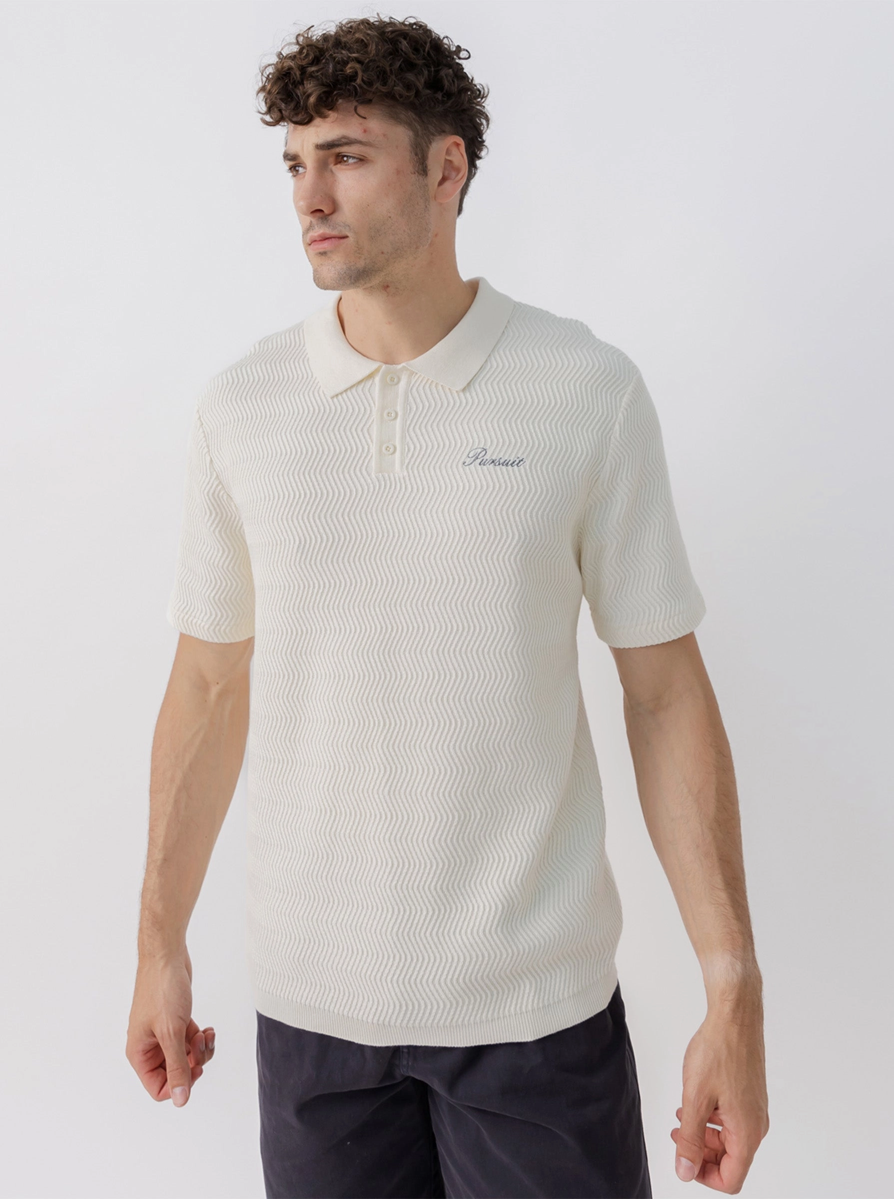 Textured Knit Polo in Cream Tailored Comfort