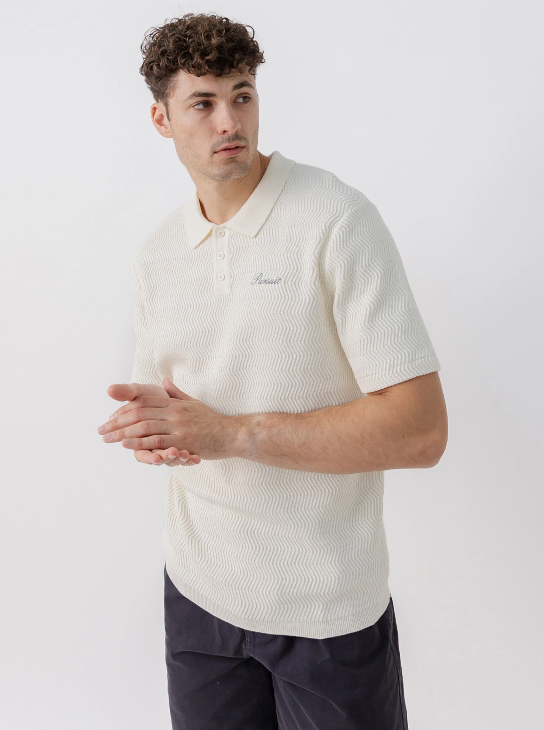 Textured Knit Polo in Cream Athletic Comfort