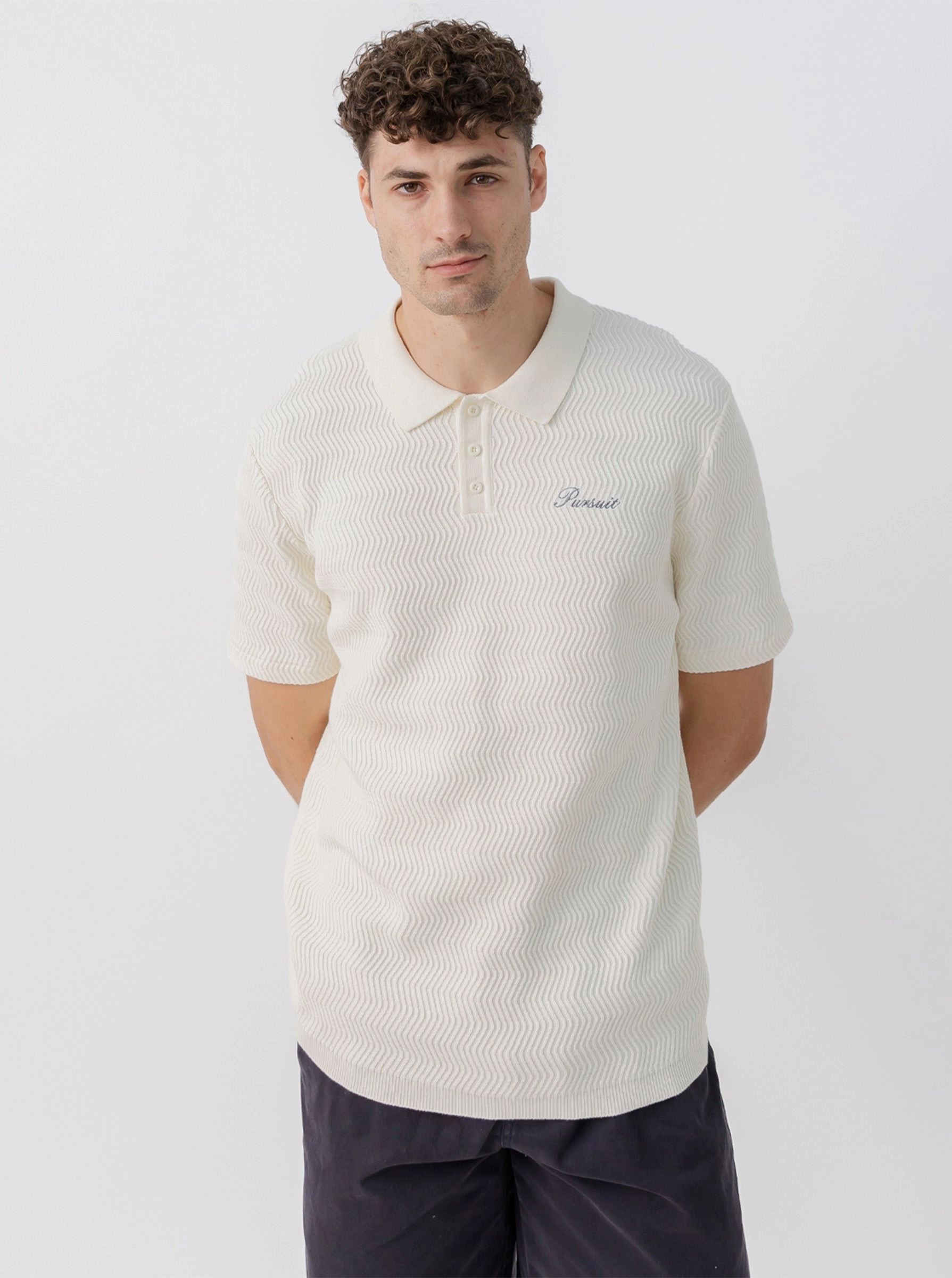 LowMaintenance Fabric Smart Layering Textured Knit Polo in Cream