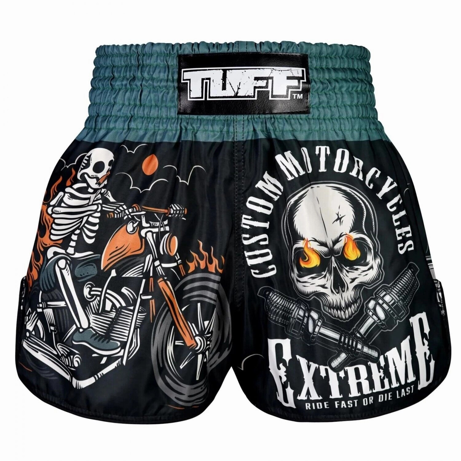 TUFF Muay Thai Shorts The Skull Rider RMS109 Low Profile Closure System