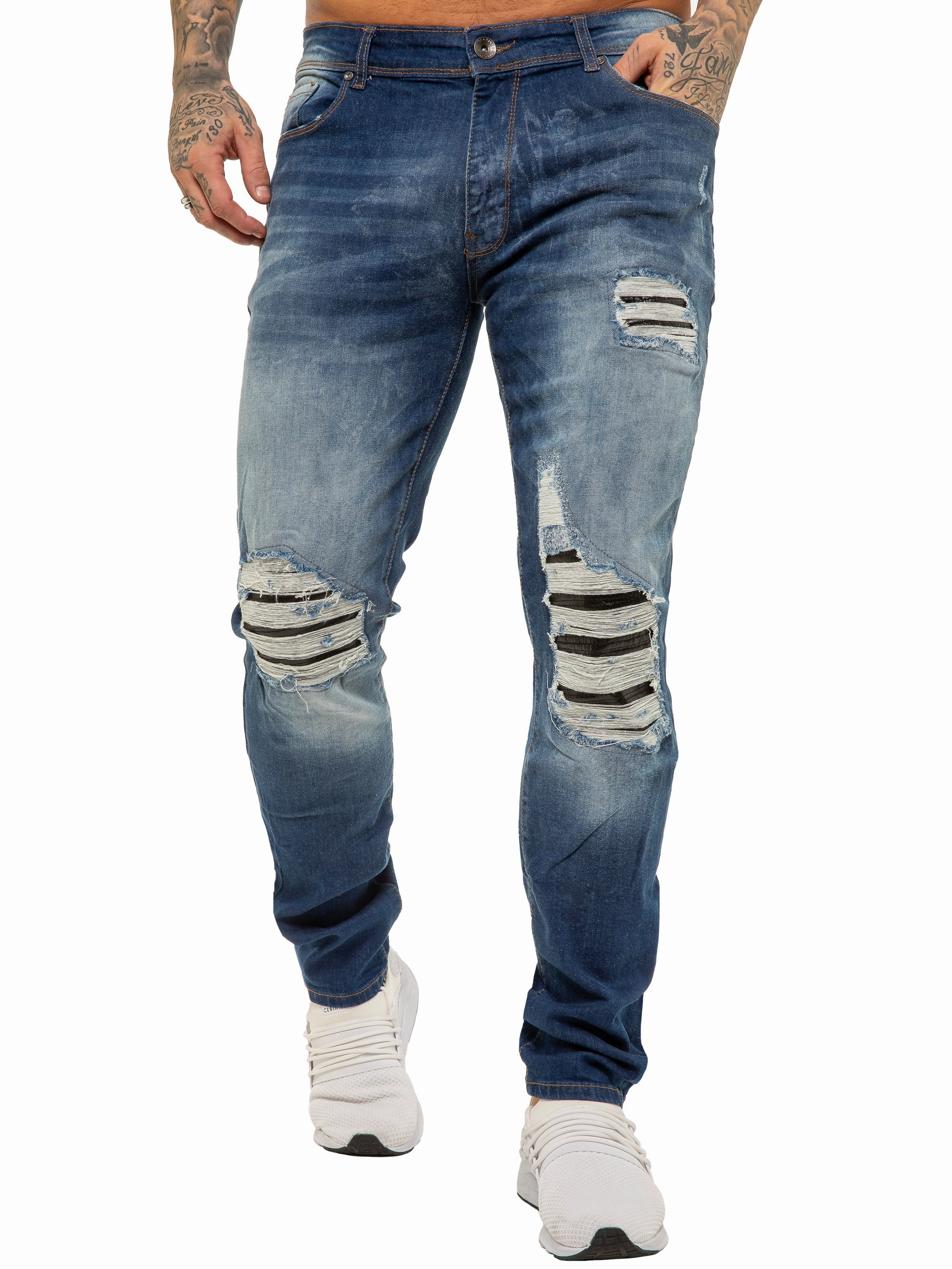 Relaxed Look Mens Skinny Ripped Jeans Stretch Denim | Enzo Designer Menswear