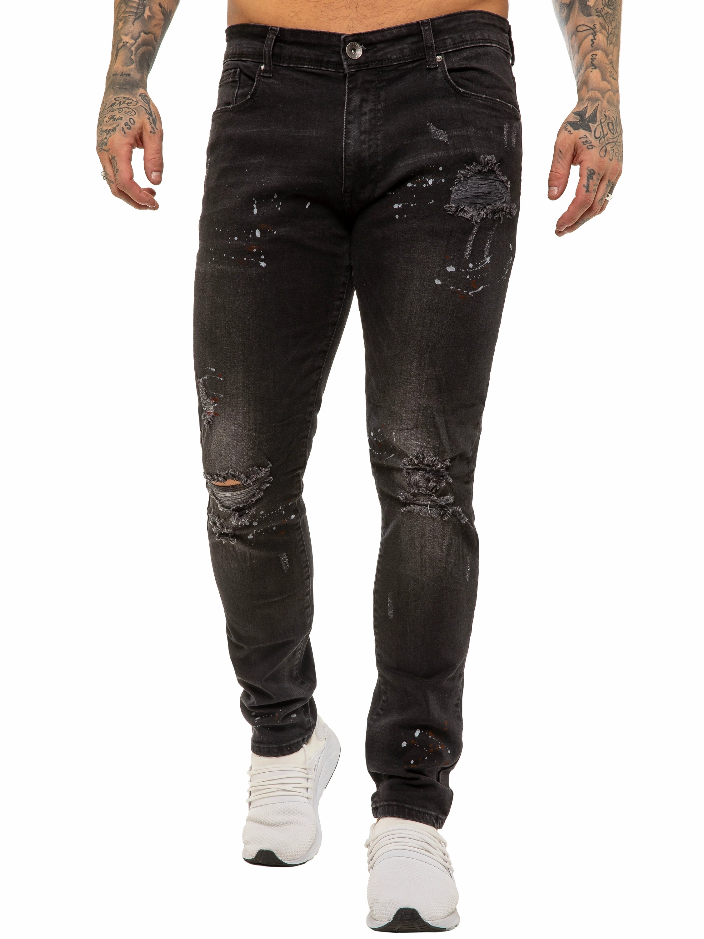 Secure Closure System Relaxed Mood Mens Skinny Ripped Splash Jeans Stretch Denim | Enzo Designer Menswear