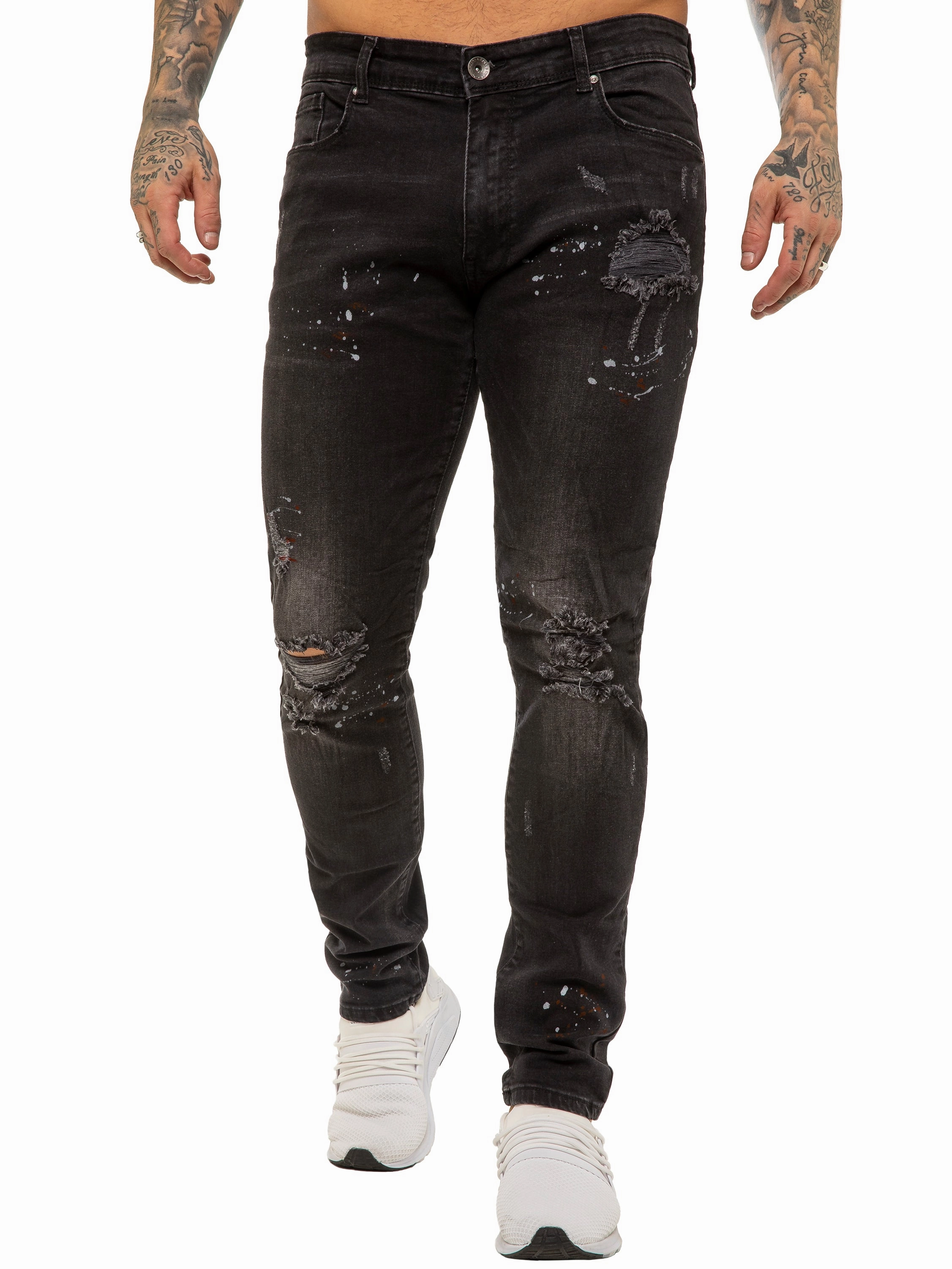 Mens Skinny Ripped Splash Jeans Stretch Denim | Enzo Designer Menswear Easy Outfit Bartack Stitching