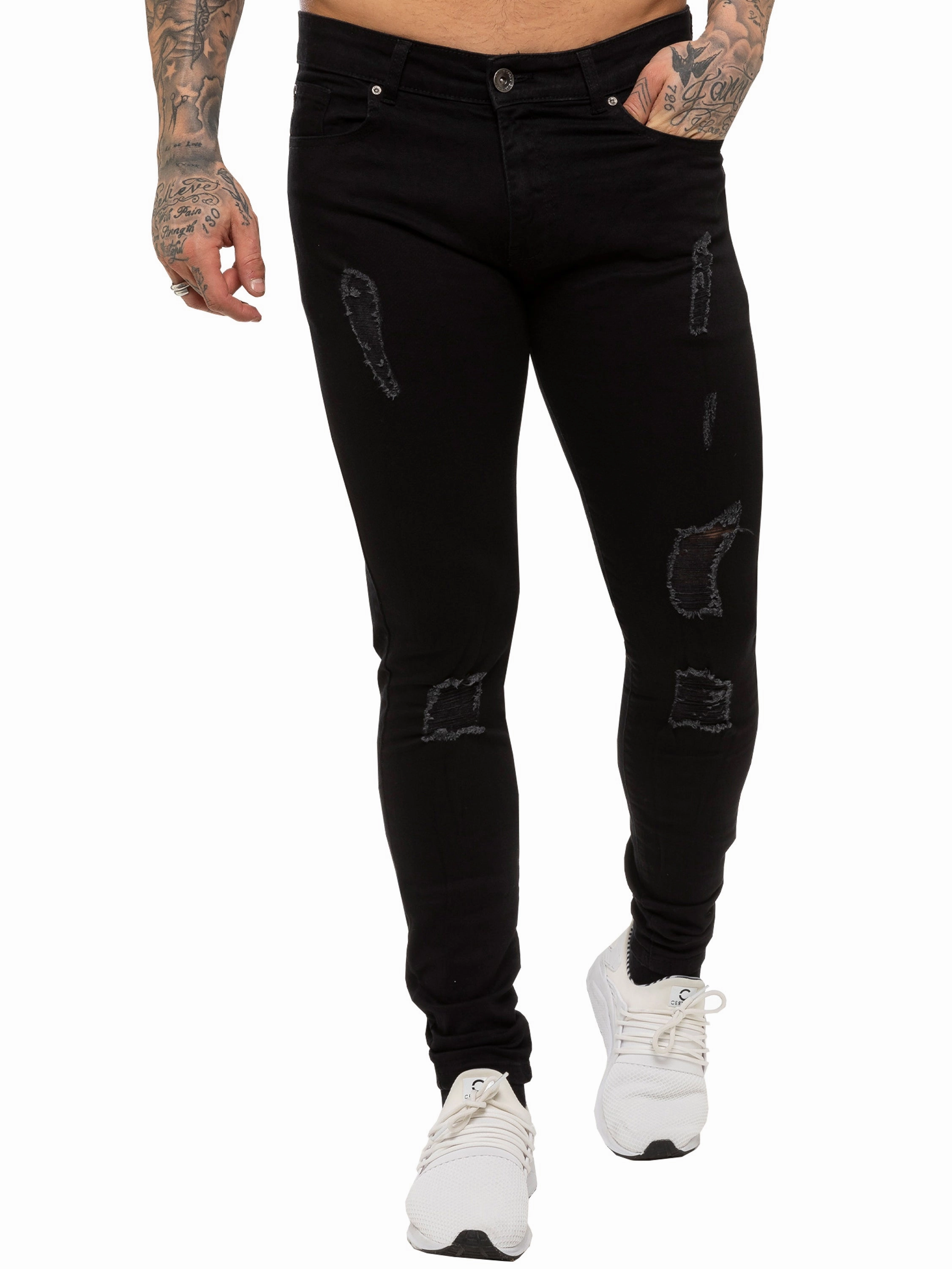 Flex Knit Waist Panel Mens Super Skinny Stretch Ripped Jeans | Enzo Designer Menswear