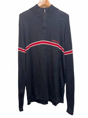 Zigzag Stitch Detail Nautica Jeans Striped Navy Quarter Zip (Size XL)