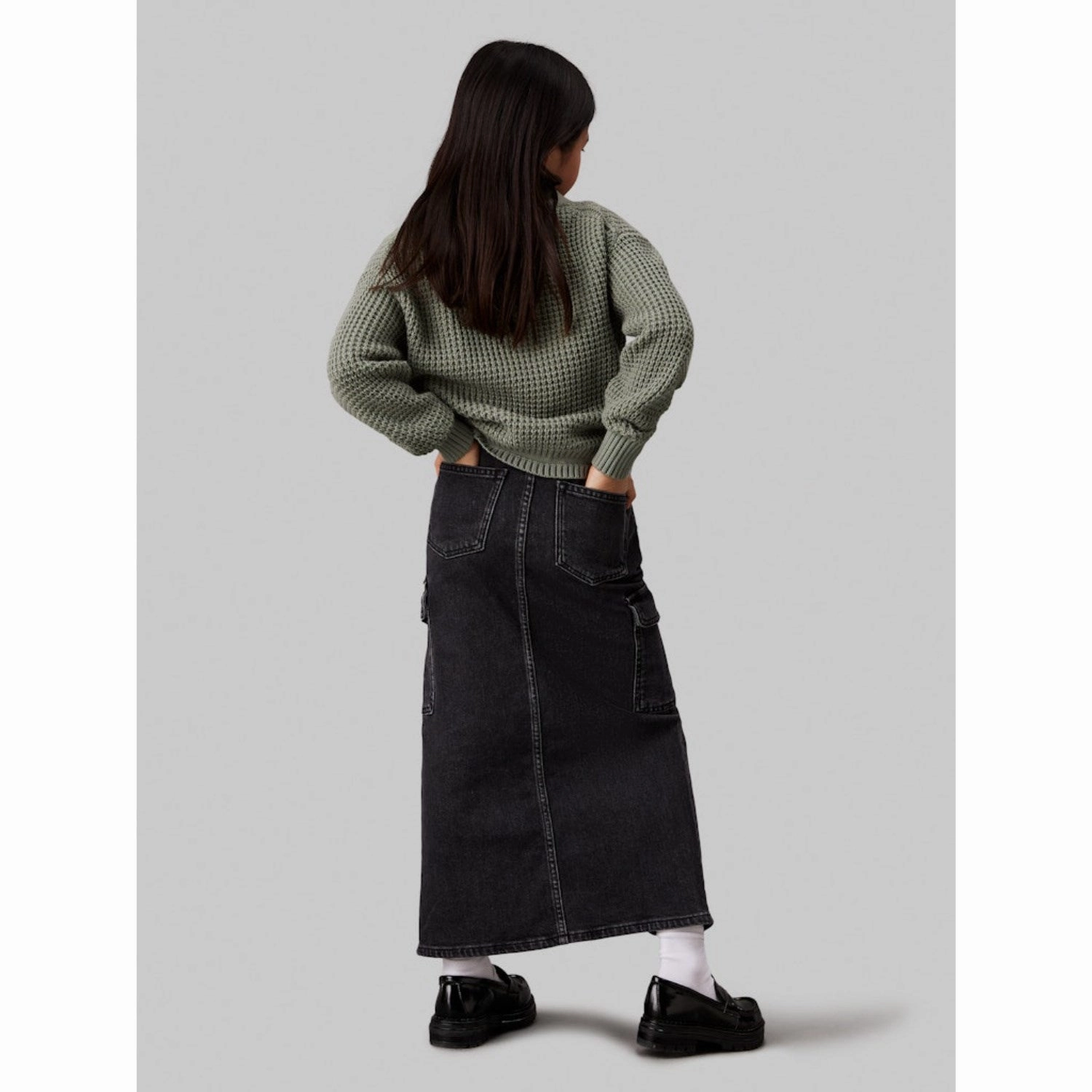 Stretchy Recycled Polyester Calvin Klein Charcoal Grey Rgd Maxi Denim Skirt