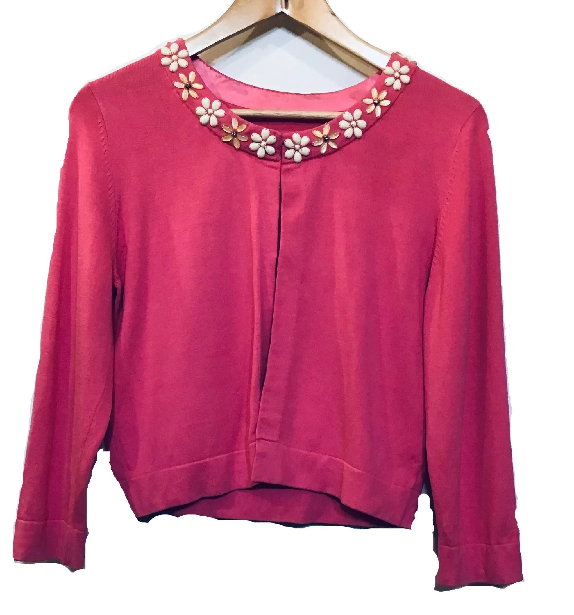 Pink cardigan with floral bead embellishment from LK Bennett (UK size 14) Chic Comforted Soft Stretch