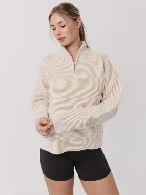 Logo Patch Quarter Zip Ribbed Crew in Coconut Cream