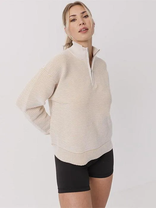 Quarter Zip Ribbed Crew in Coconut Cream elastic waistband Zippered Closure