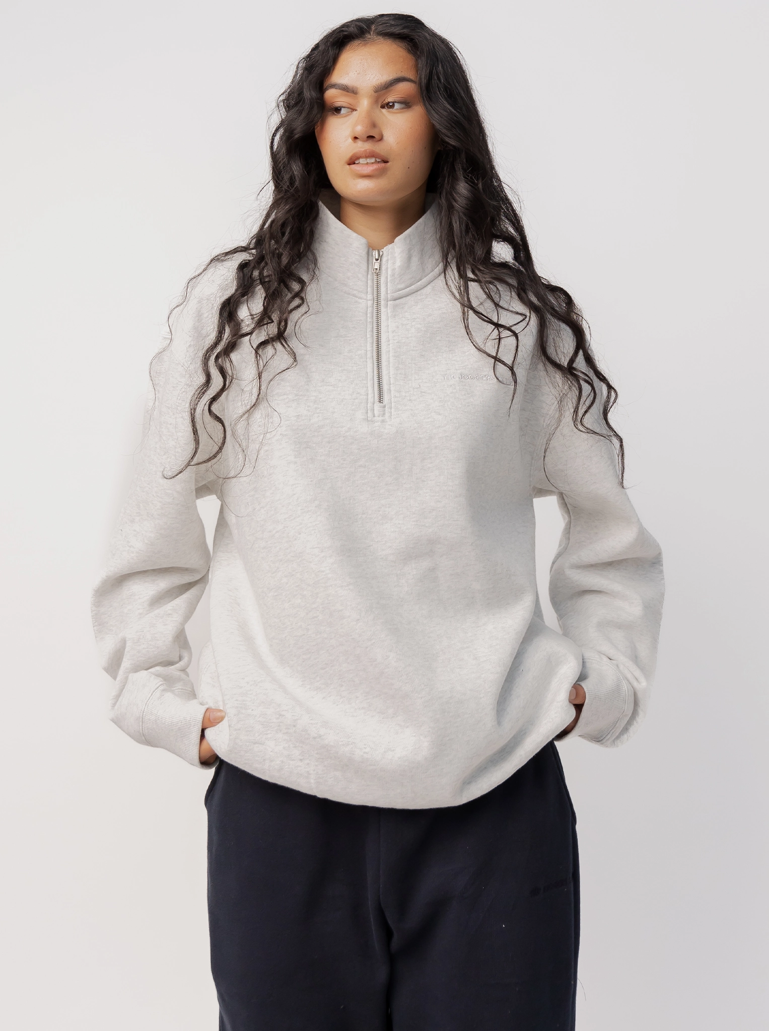Quarter Zip in Grey Marle Structured Hood Shape