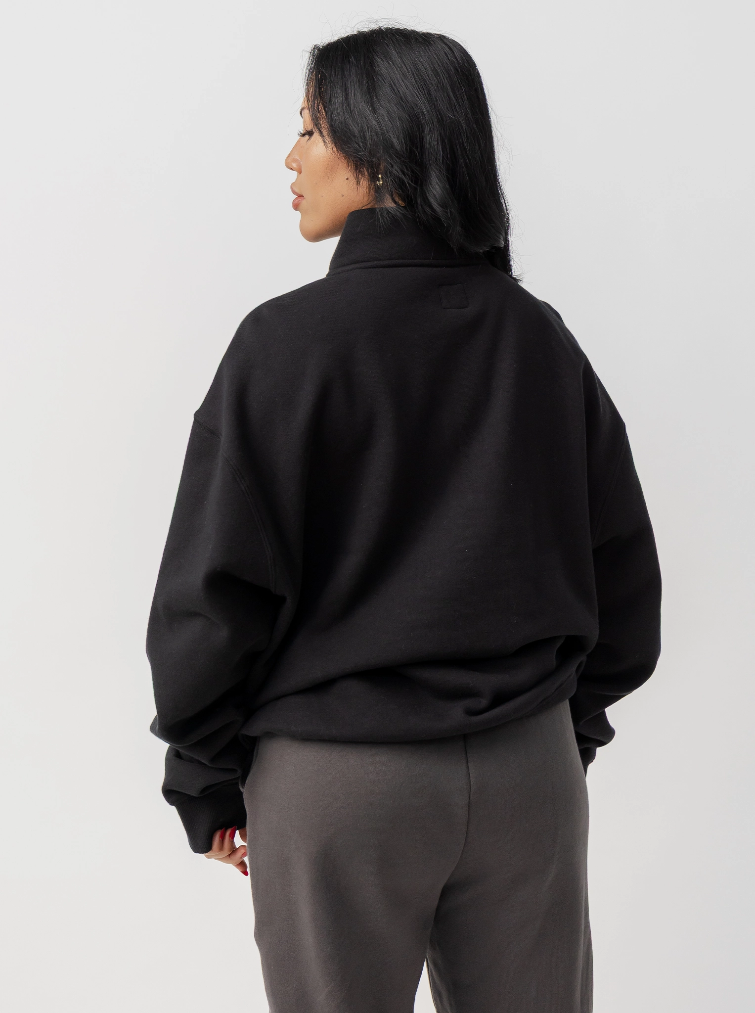 Waffle Knit Texture Quarter Zip in Solid Black