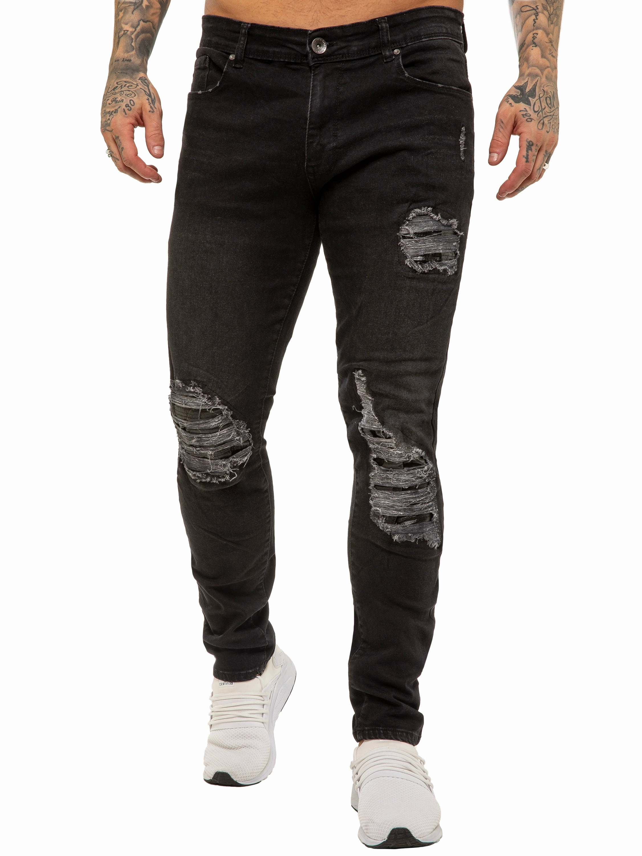 Mens Skinny Ripped Jeans Stretch Denim | Enzo Designer Menswear Traveler Gear Smart Casual Gym Ready Vibrant Bold