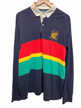 Polo Ralph Lauren Mens Navy Striped Rugby Polo (Size XL) Soft Fabric Durable Construction