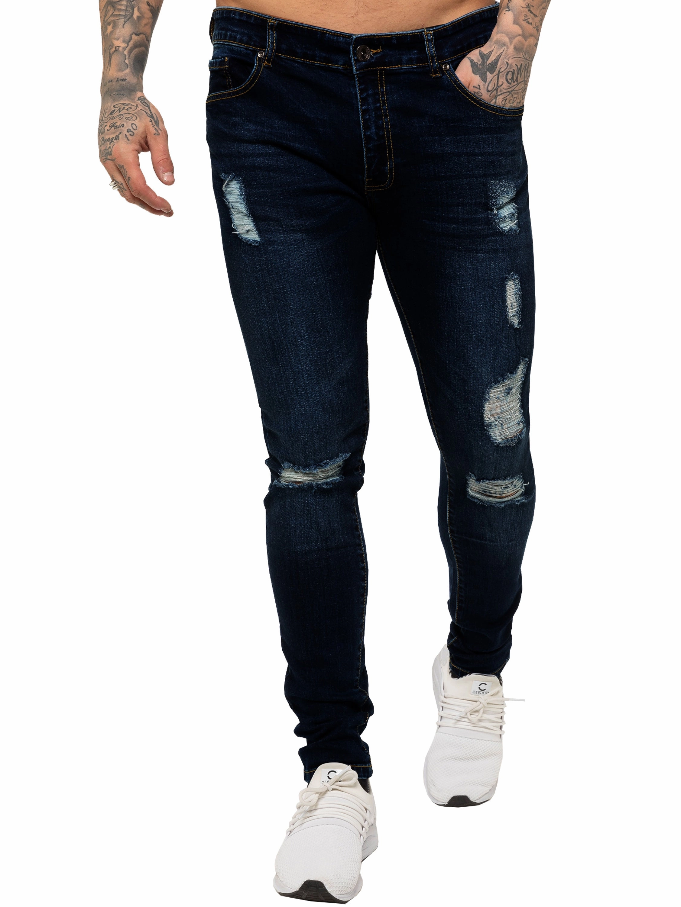 Subtle Detail Non Restrictive Thigh Mens Super Skinny Stretch Ripped Jeans | Enzo Designer Menswear