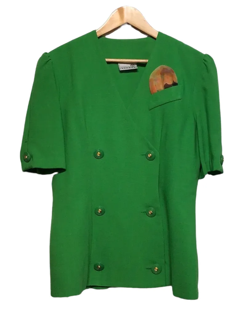 Seamless Waistband Patchwork Design Short Sleeved Blazer And Pleated Skirt Set (Size XL)