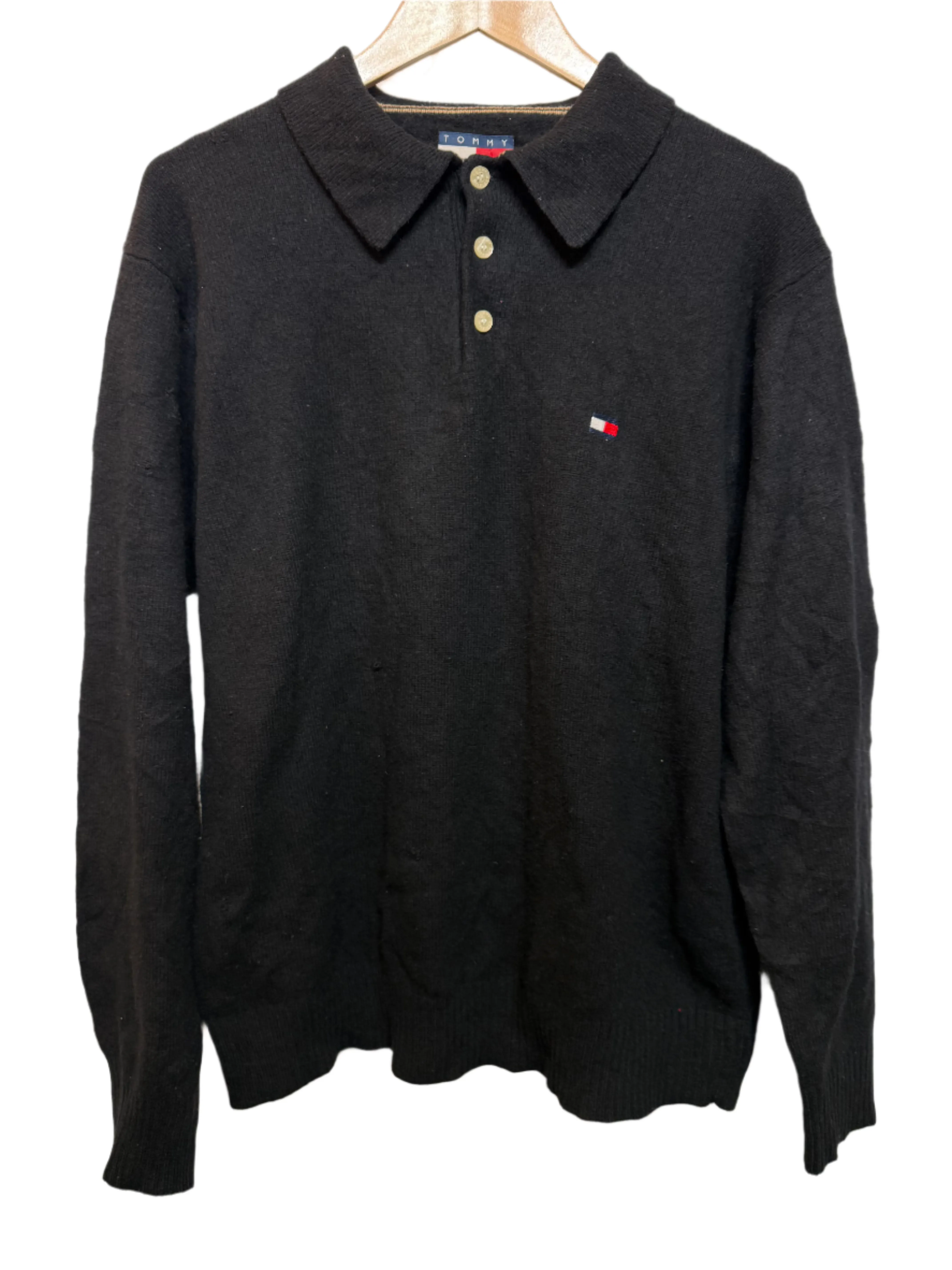 Tommy Hilfiger Women's Black Collared (Size L) Travel Trend Ribbed Collar Detail