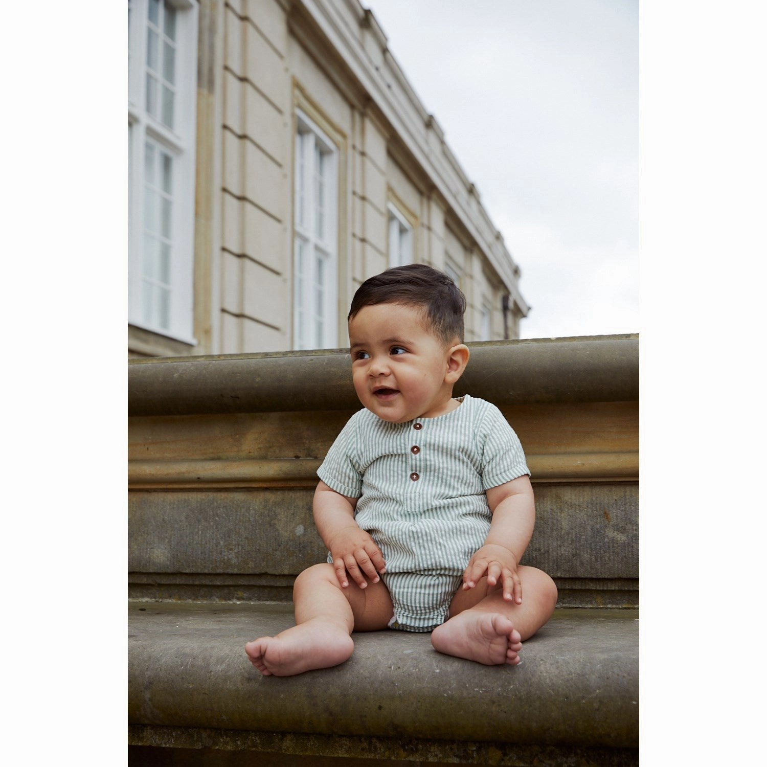 COPENHAGEN COLORS Green W Cream Stripe Seersucker Romper W. Sleeves Stylish Slim Casual Picnic