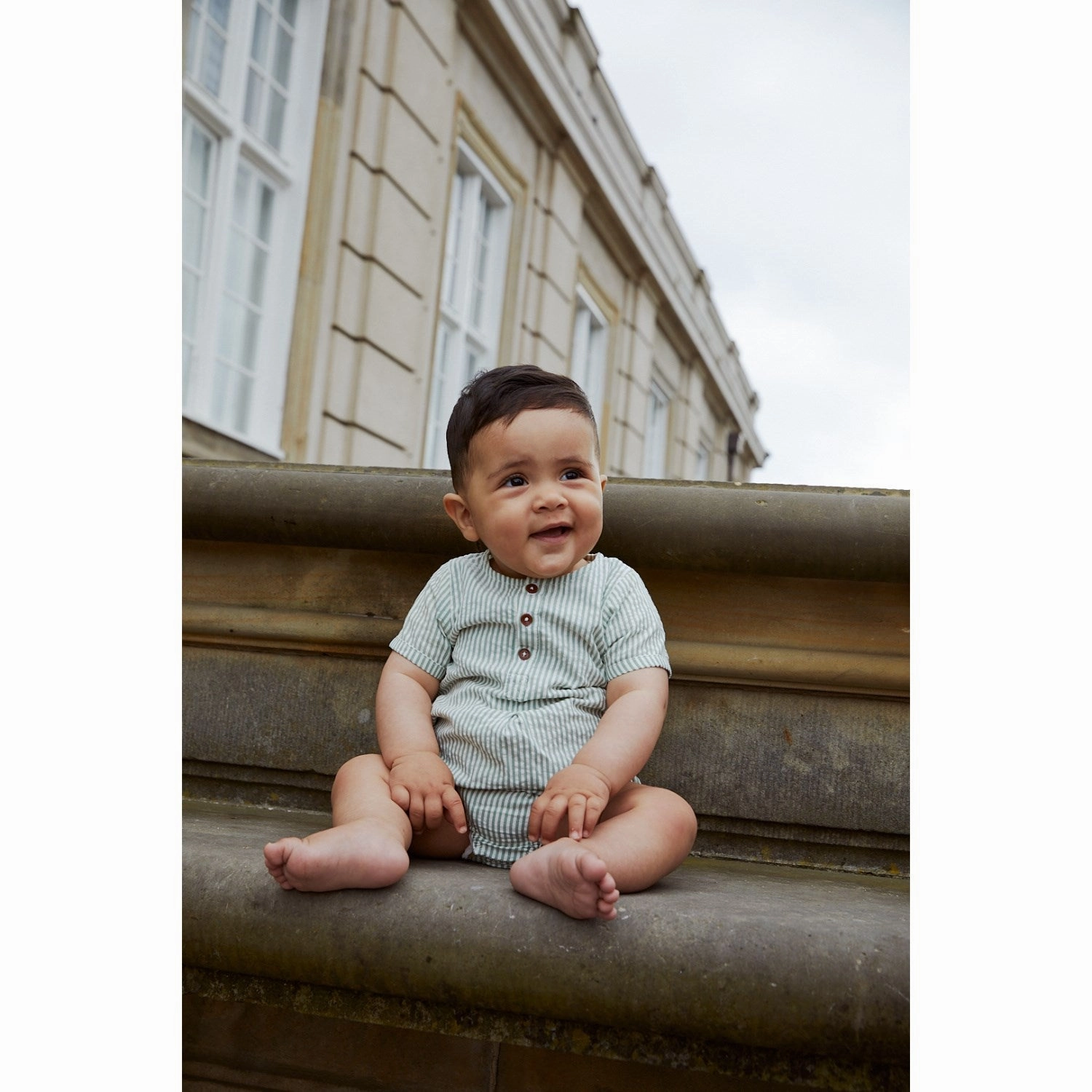 COPENHAGEN COLORS Green W Cream Stripe Seersucker Romper W. Sleeves Office Model Shopping Essential