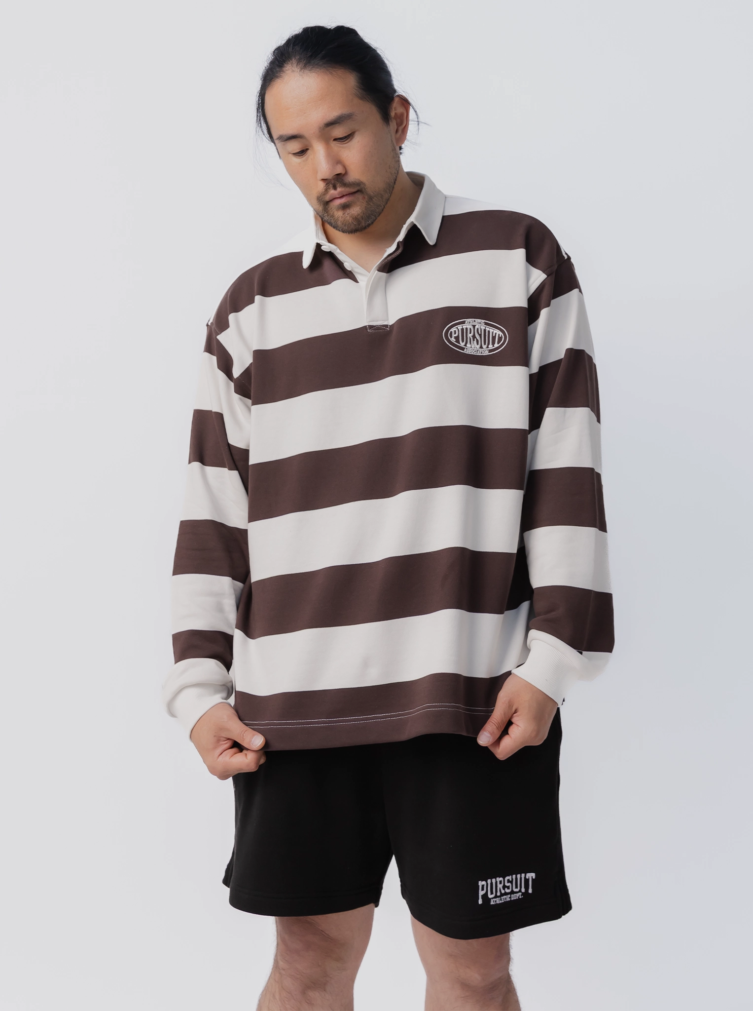 Bonded Seam Construction Breathable fabric Striped Rugby Jersey in Umber & White