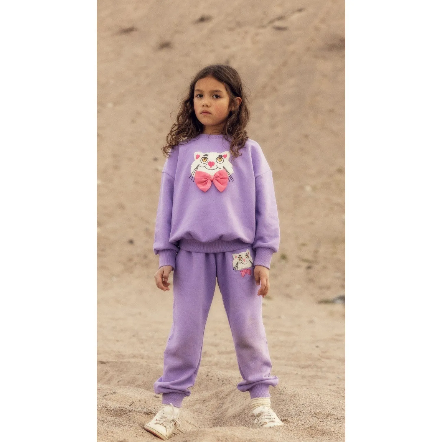 Cashmere Mini Rodini Purple Cat With Bowtie Chenille Sweatpants
