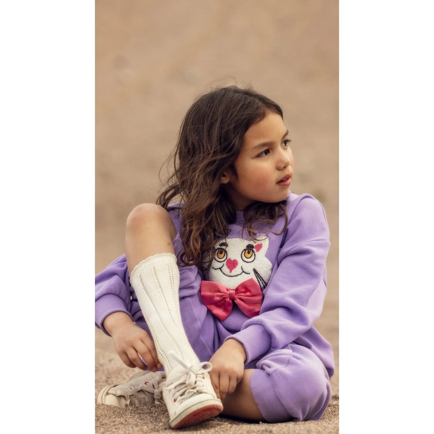 Mini Rodini Purple Cat With Bowtie Chenille Sweatpants Yarn RecycledPolyester