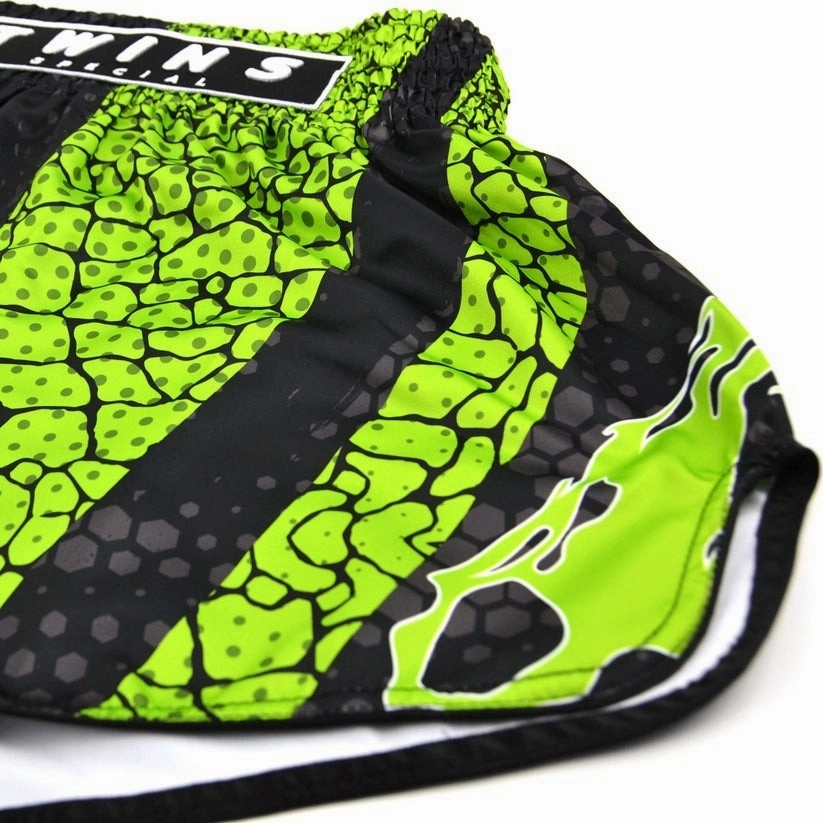 Double Layered Construction Twins Special CROCS Muay Thai Shorts Black / Green Kickboxing MMA
