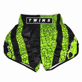 Twins Special CROCS Muay Thai Shorts Black / Green Kickboxing MMA Non Binding Leg Openings
