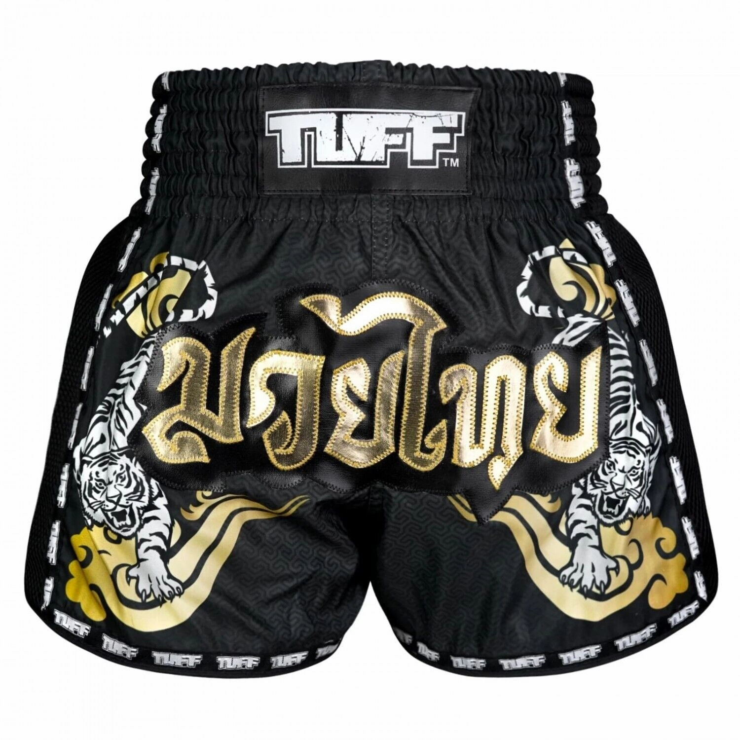 sustainable product Rubberized Grip Waistband TUFF Muay Thai Shorts Black Twin Tiger MSC120