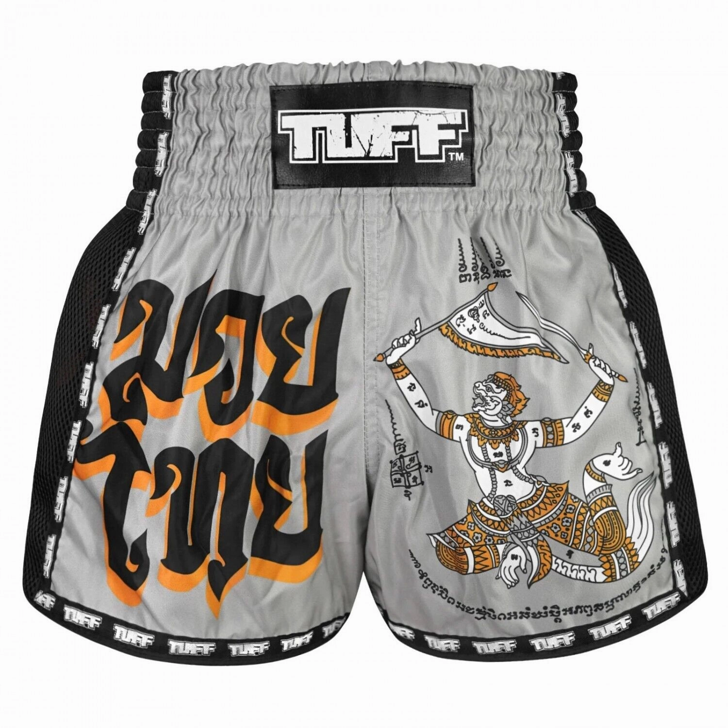 TUFF Muay Thai Shorts Hanuman Yantra with War Flag MSC118 No Ride Up Silicone Grip Classic Style