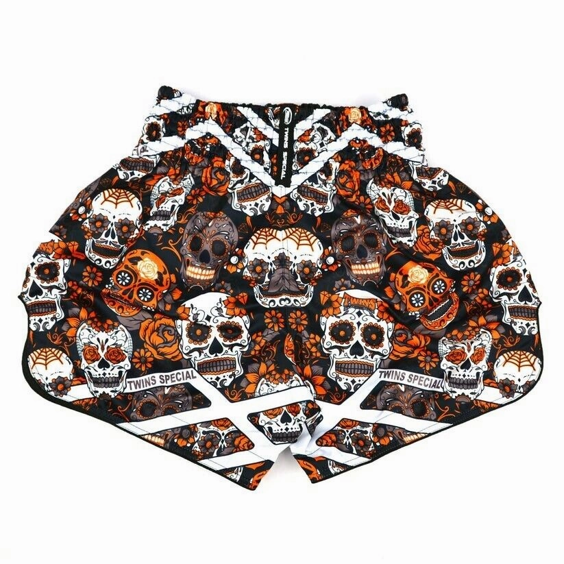 Seamless construction Chafe Resistant Lining Twins Calaveras  Muay Thai Shorts Black / Orange Kickboxing MMA