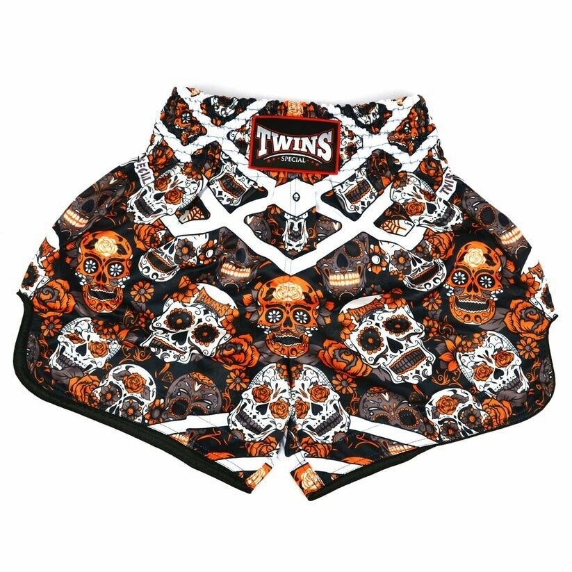 Twins Calaveras  Muay Thai Shorts Black / Orange Kickboxing MMA Double Layered Hem Colorfast Treatment