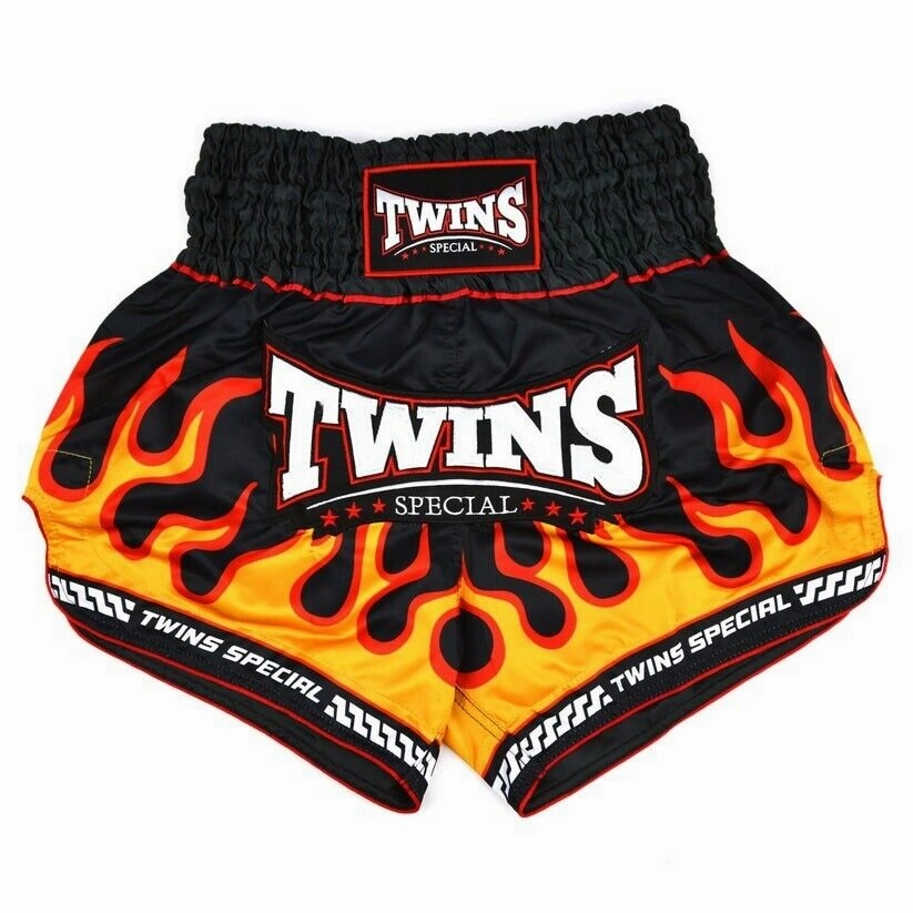 Stretch Fit Design Twins FLAME Muay Thai Shorts Black Kickboxing MMA